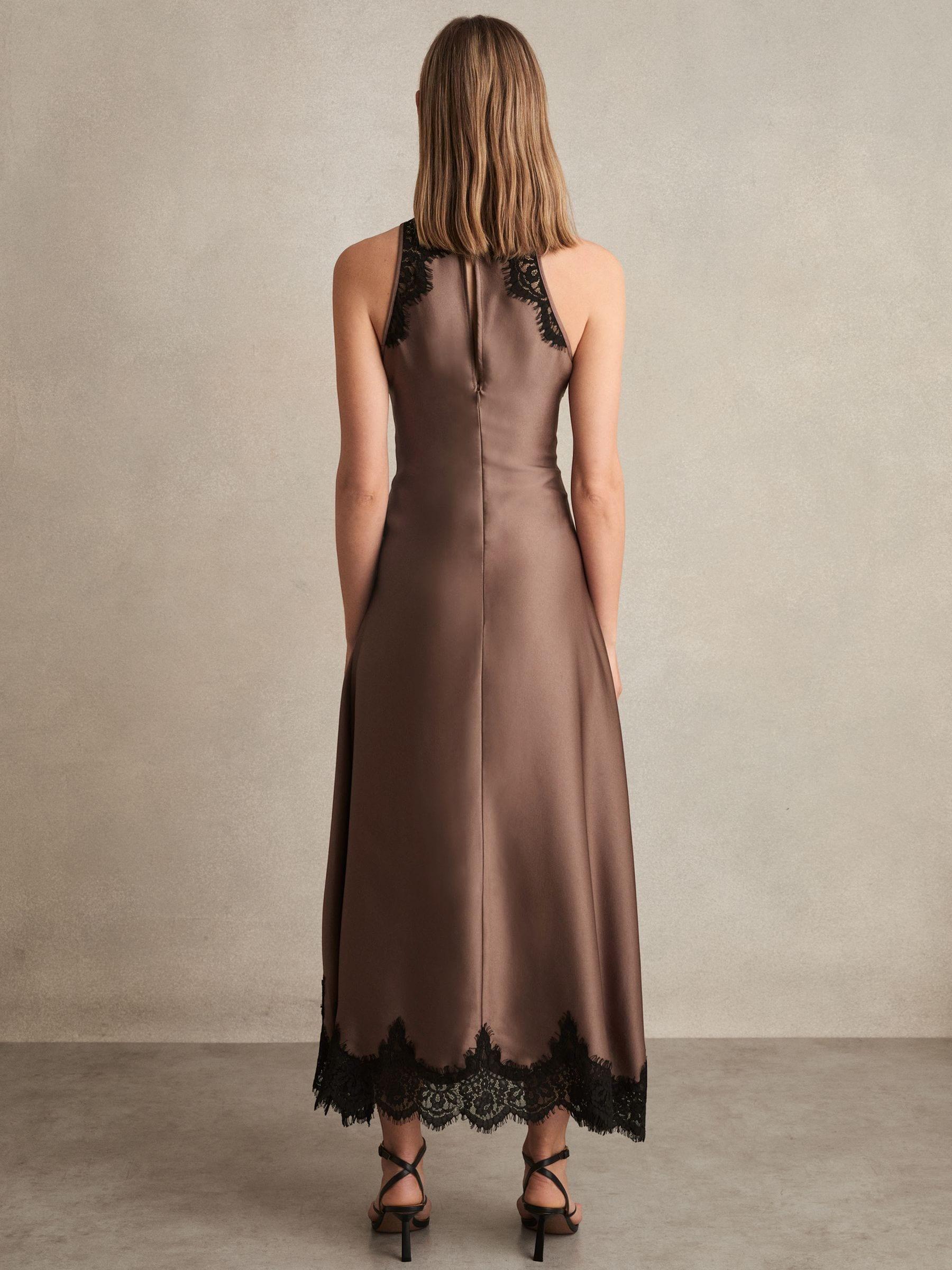Reiss Anais - Mocha Brown Satin Drape Lace-trim Dress, Us 8 in Natural |  Lyst