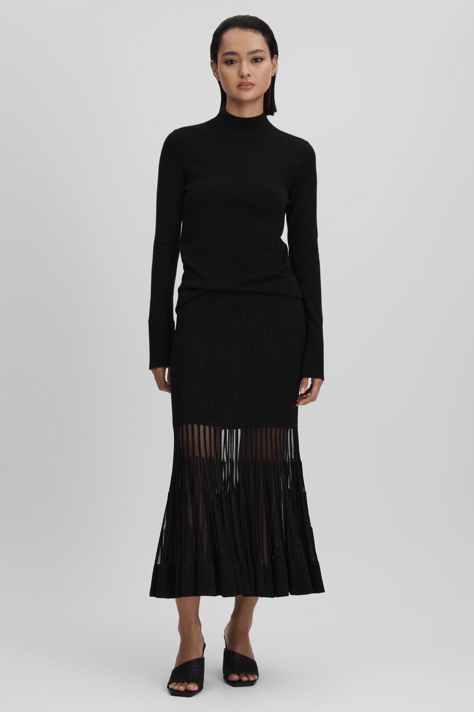 Pleated Flared Midi Skirt - Black