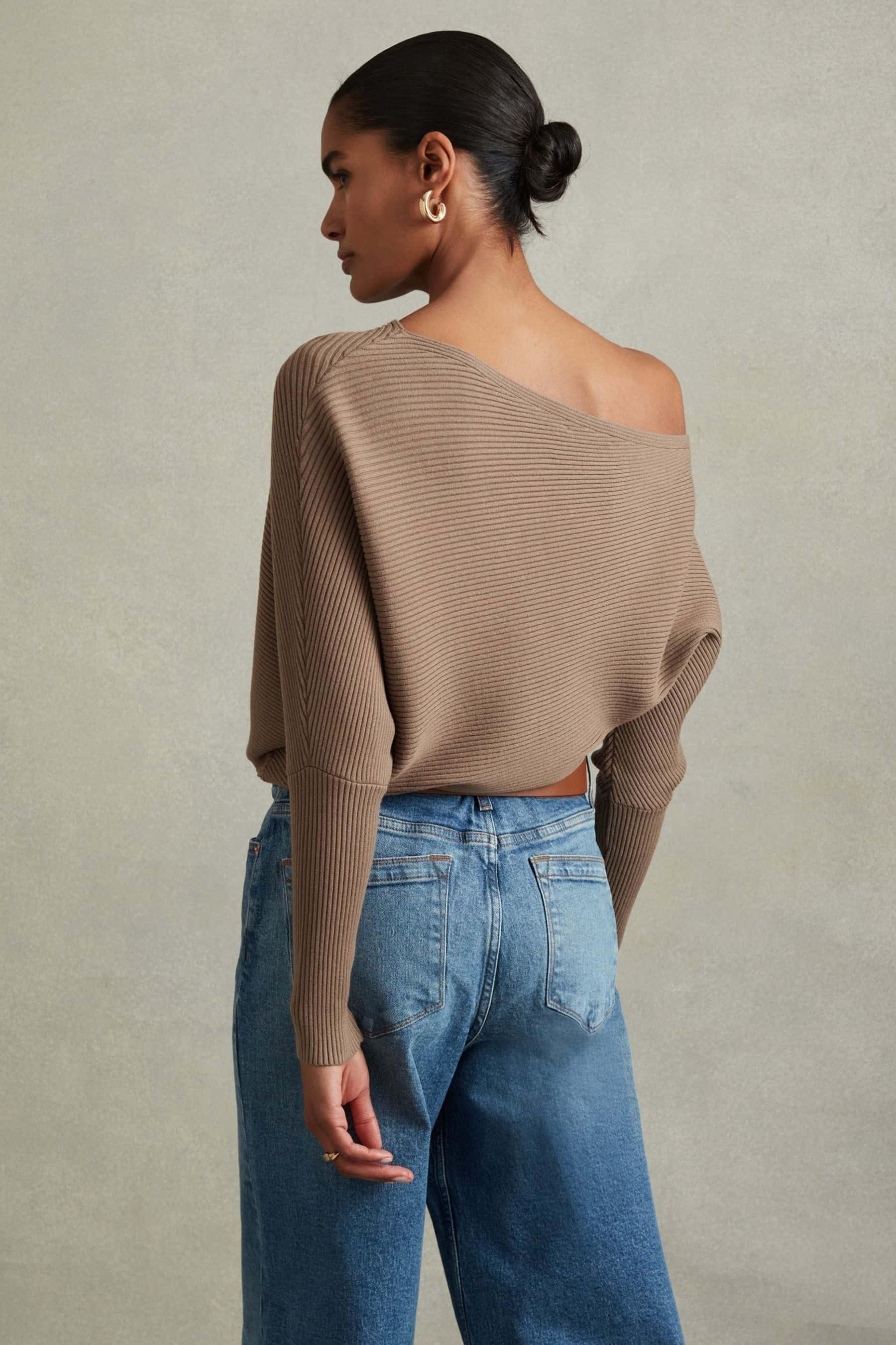 Reiss Lorna - Mink Asymmetric Draped Knitted Jumper, M in