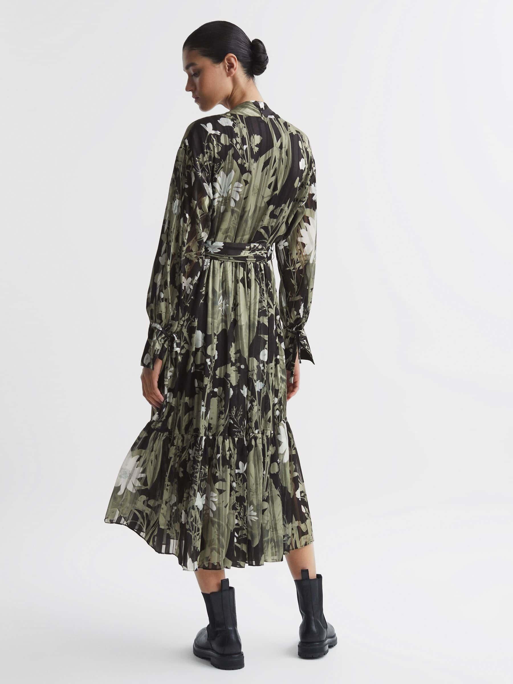 【海外限定】REISSワンピース☆Lottie Floral Print Tie Neck Mi Reiss Floral Print Tie Neck Midi Dress in Green - REISS