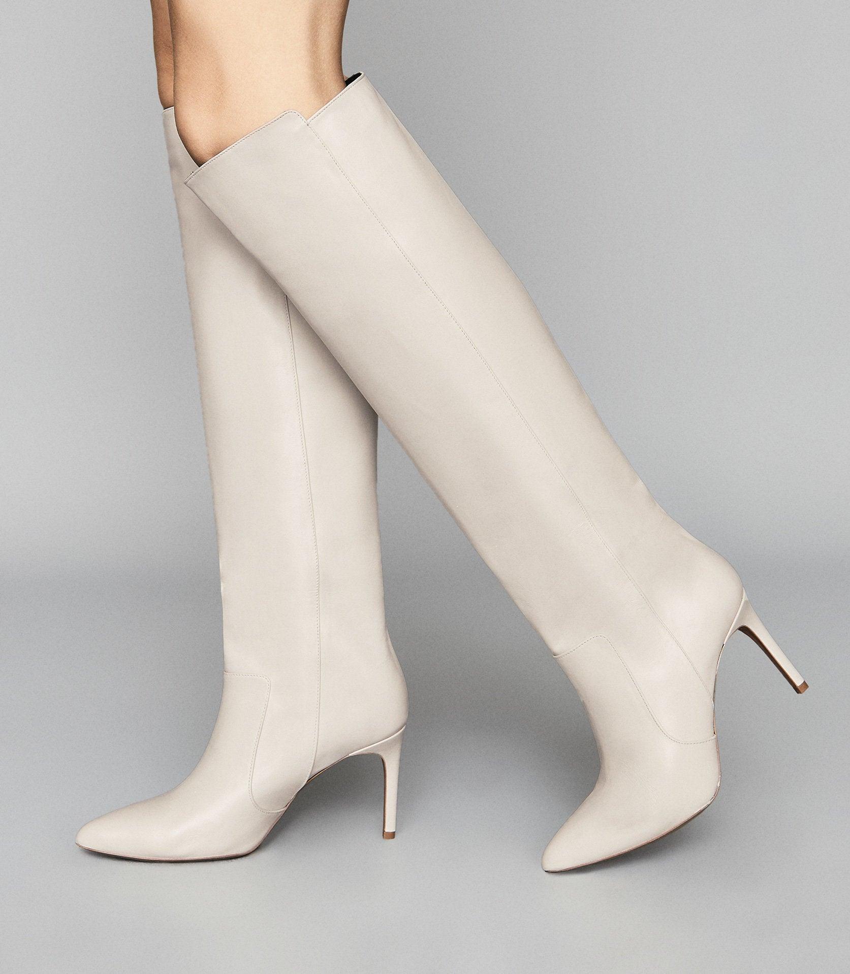 Reiss Leather Point Toe Knee High Boots in White | Lyst