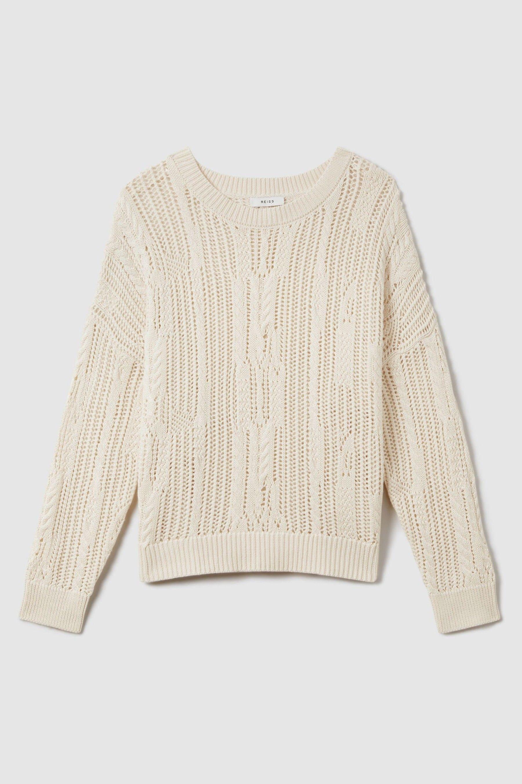 Reiss Tanya Ivory Cotton Blend Open Stitch Crew Neck Jumper, L