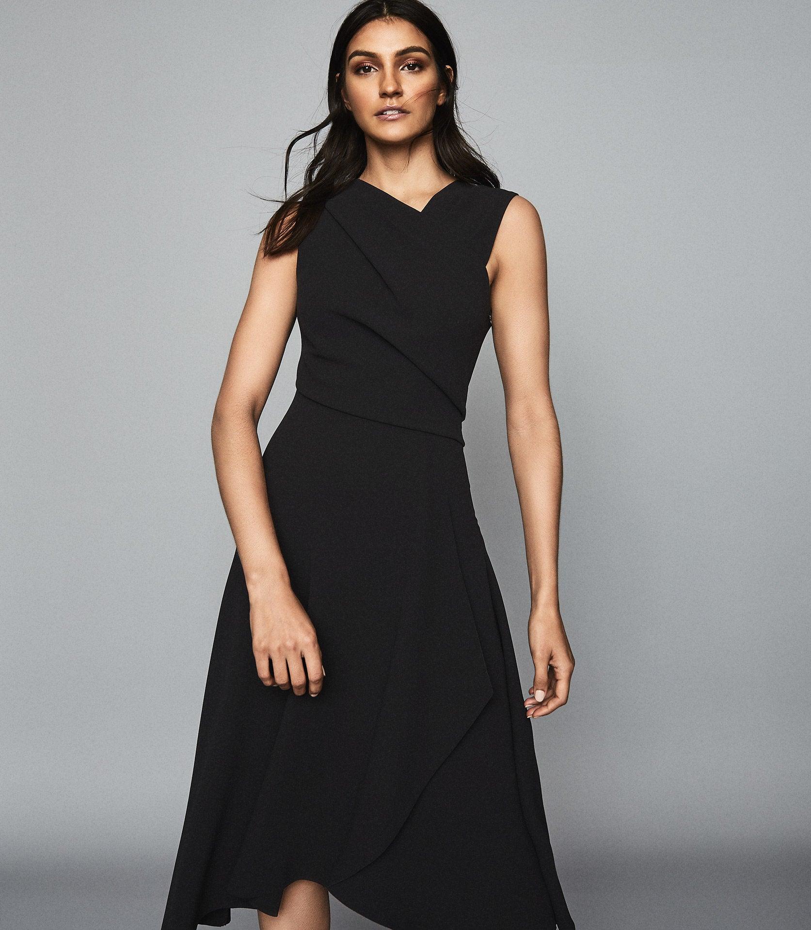 Reiss Synthetic Marling - Wrap Front Midi Dress in Black - Lyst