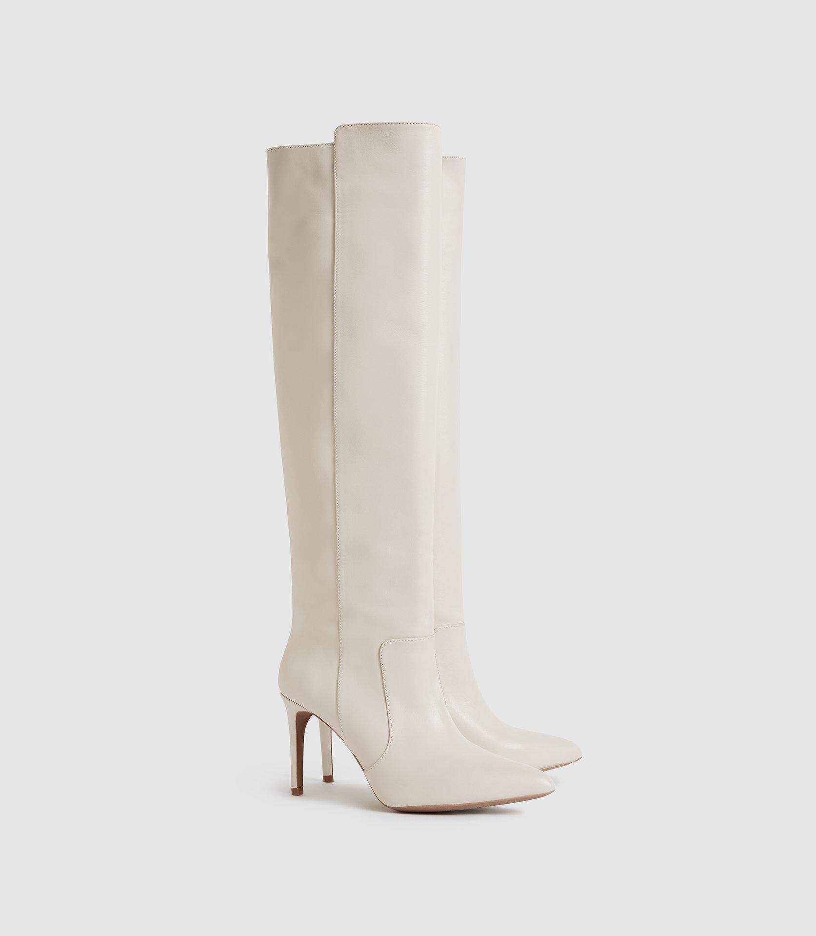 Reiss Leather Point Toe Knee High Boots in White | Lyst