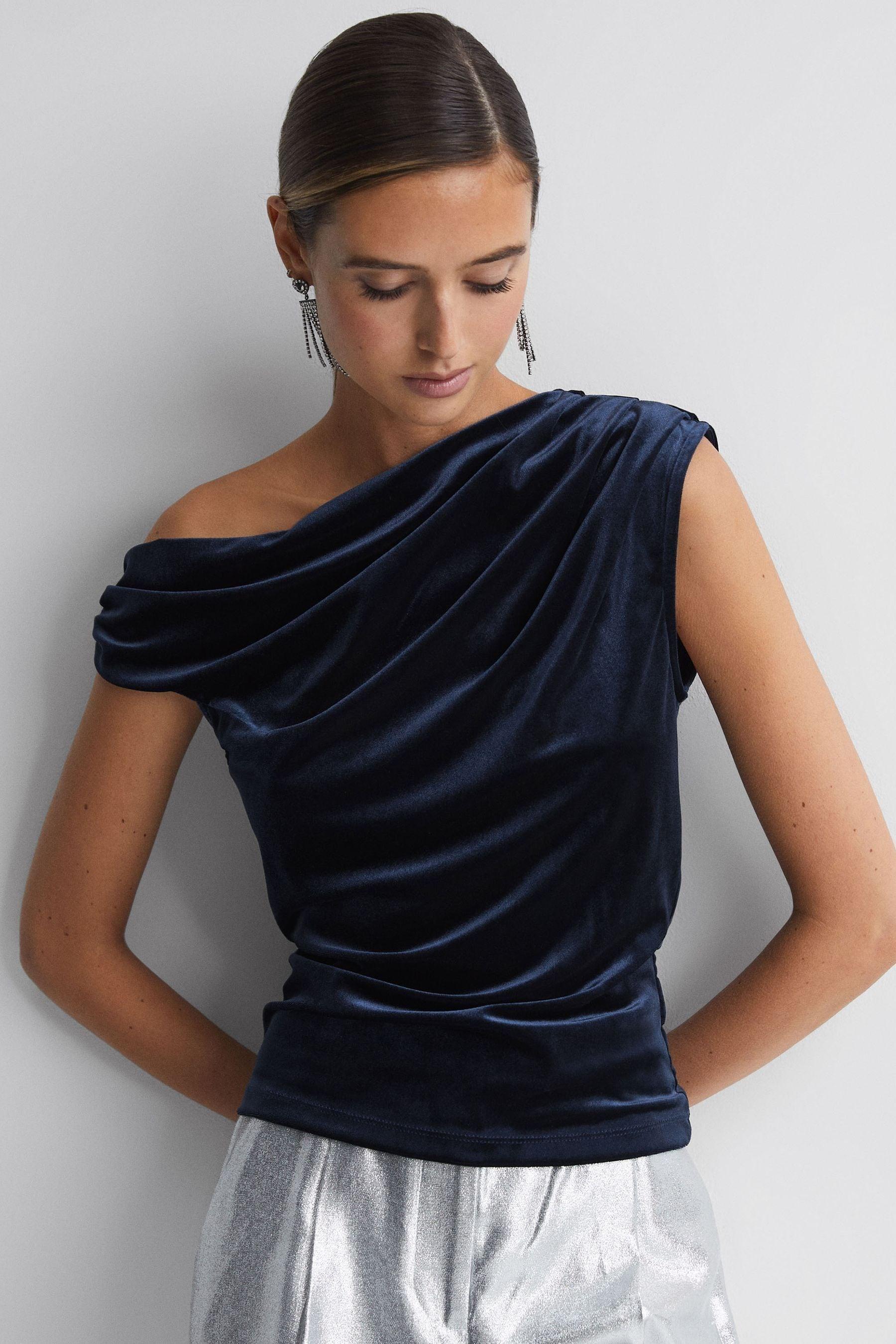 Reiss Mia Navy Velvet Off the shoulder Top M in Blue Lyst