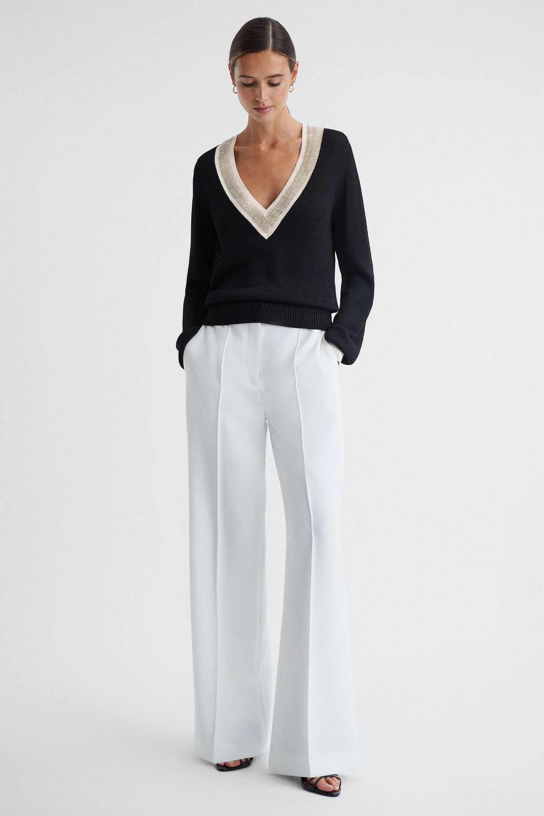 Reiss Courtney Black cream Contrast Trim Embellished V neck