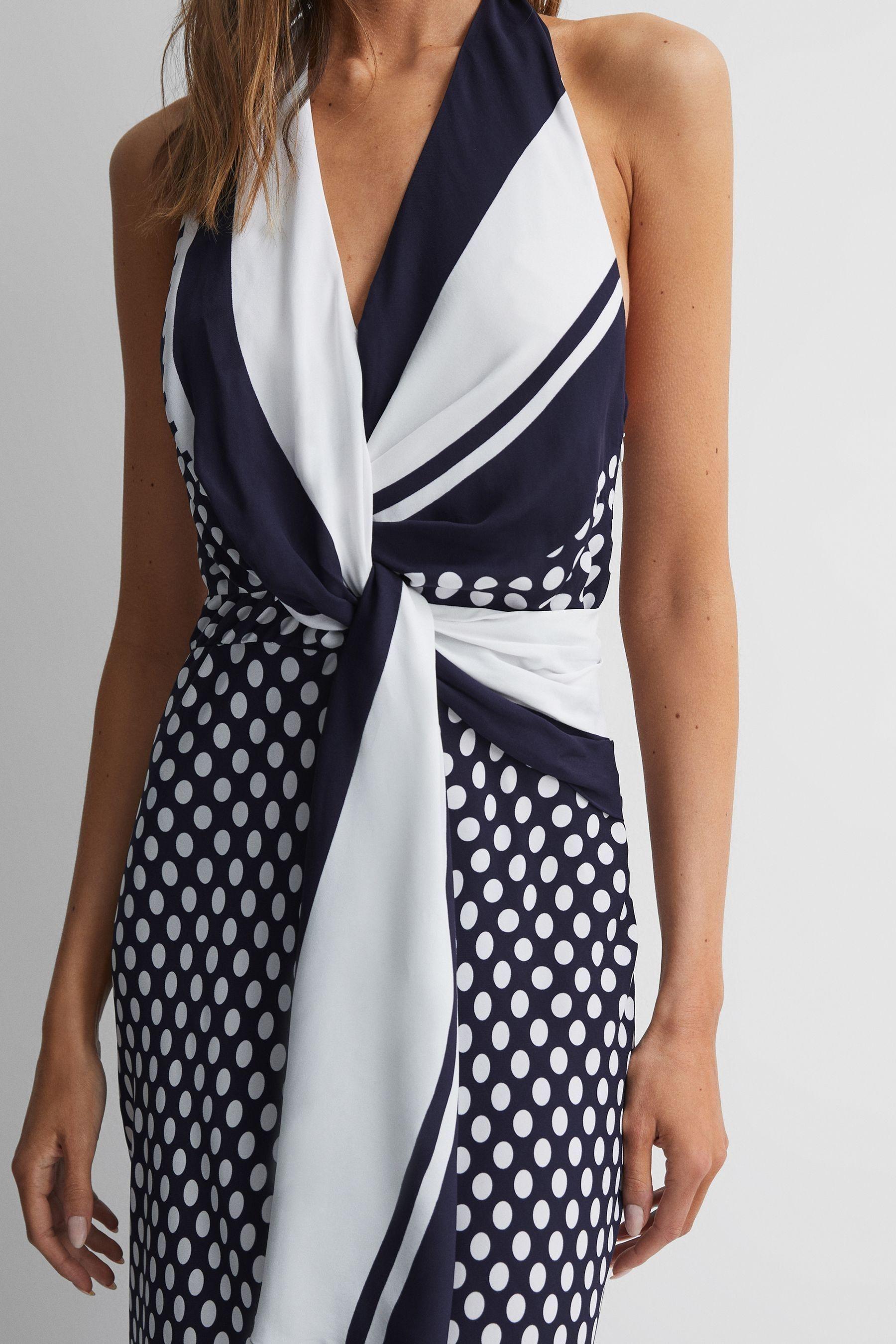 Tan and white polka top dot ruffle halter neck dress