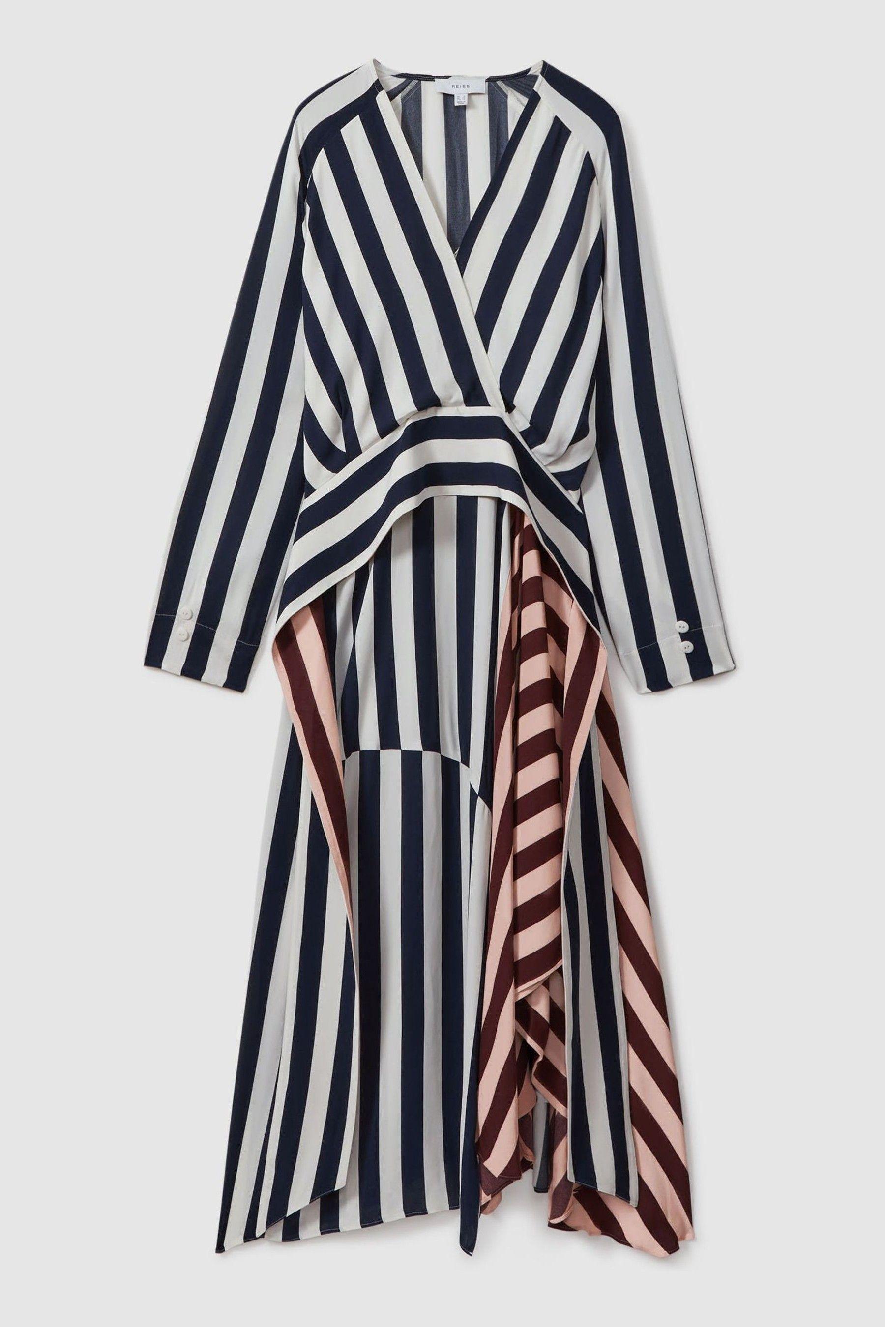 Reiss Nola - Navy/off White Colourblock Stripe Asymmetric
