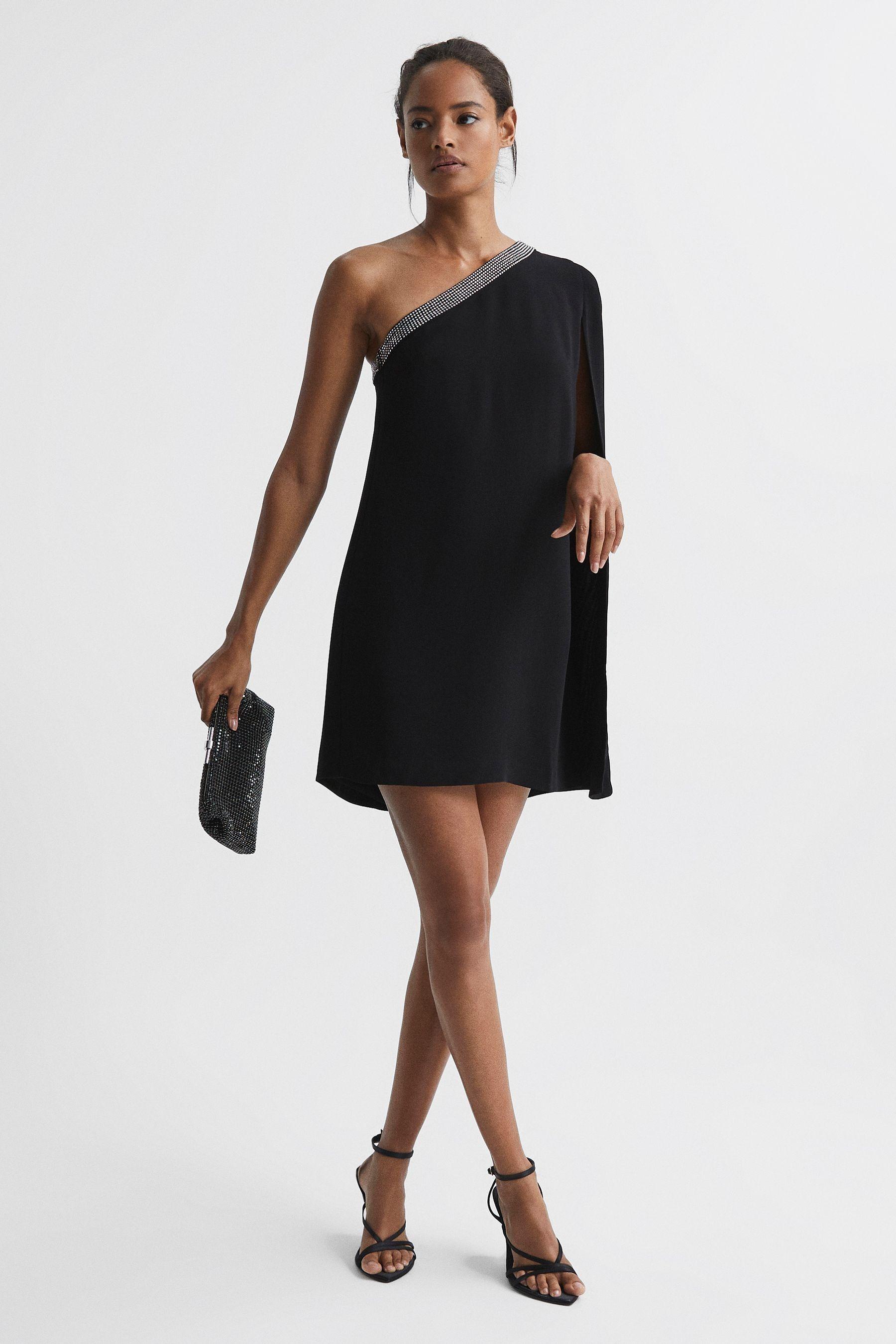 Reiss Marlene Black One Shoulder Embellished Mini Dress Us 2