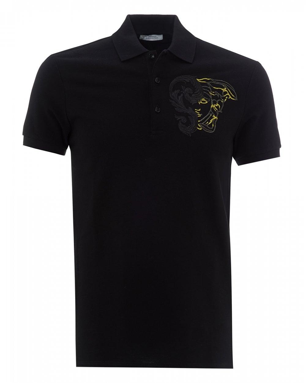 Versace Cotton Embroidered Half Medusa Polo, Black Polo Shirt for Men