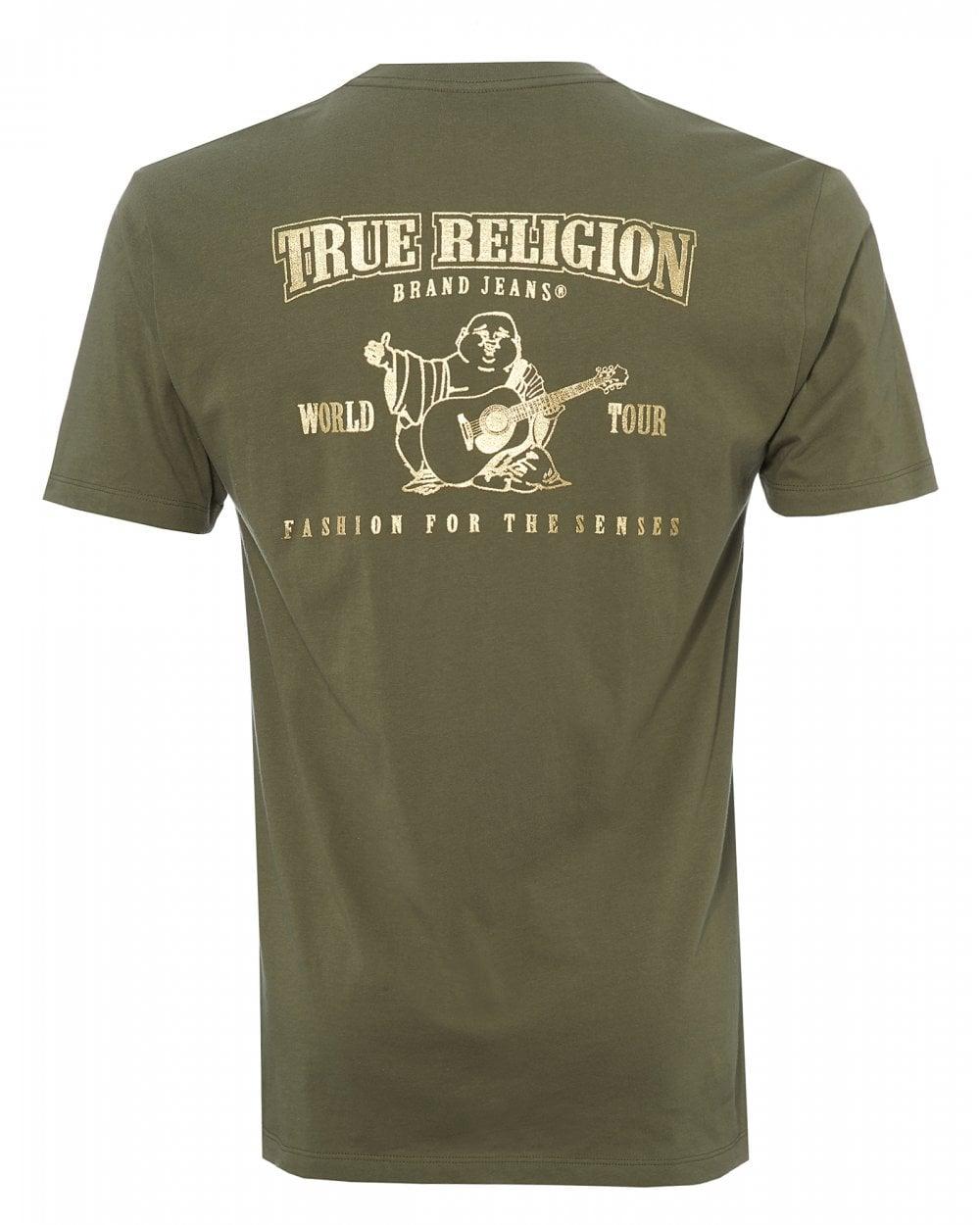True Religion Cotton Buddha Print Tshirt, Military Green Logo Tee for