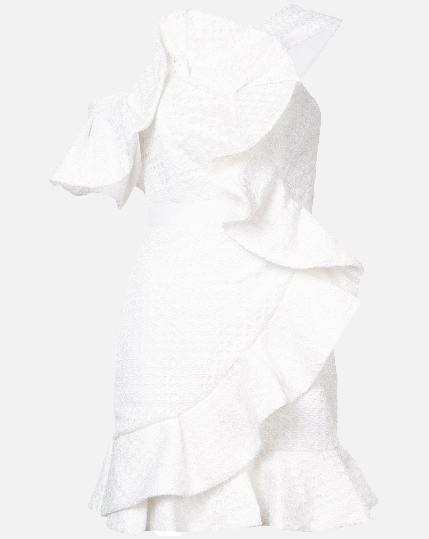 white asymmetrical ruffle dress