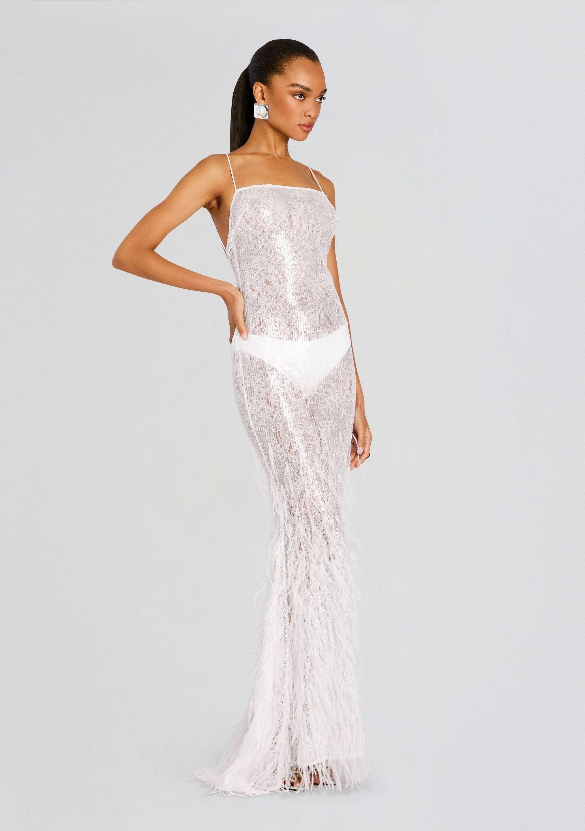retrofete beaded dress Sora Spaghetti Strap Crepe Column Wedding Dress with Pearl Straps | Bone  and Grey Bridal main image 1