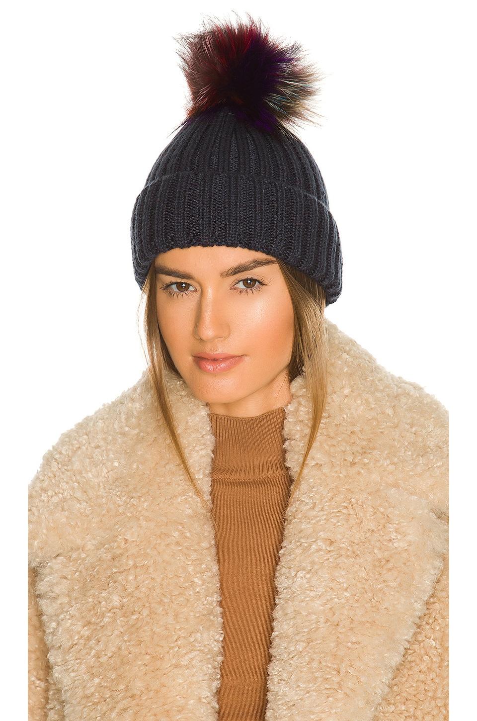 Jocelyn Synthetic Fox Pom Knit Hat in 