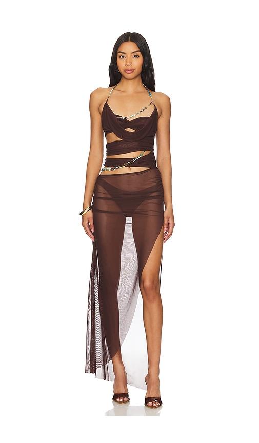 jaded london brown mesh dress Jaded London Draped Maxi Dress in Brown