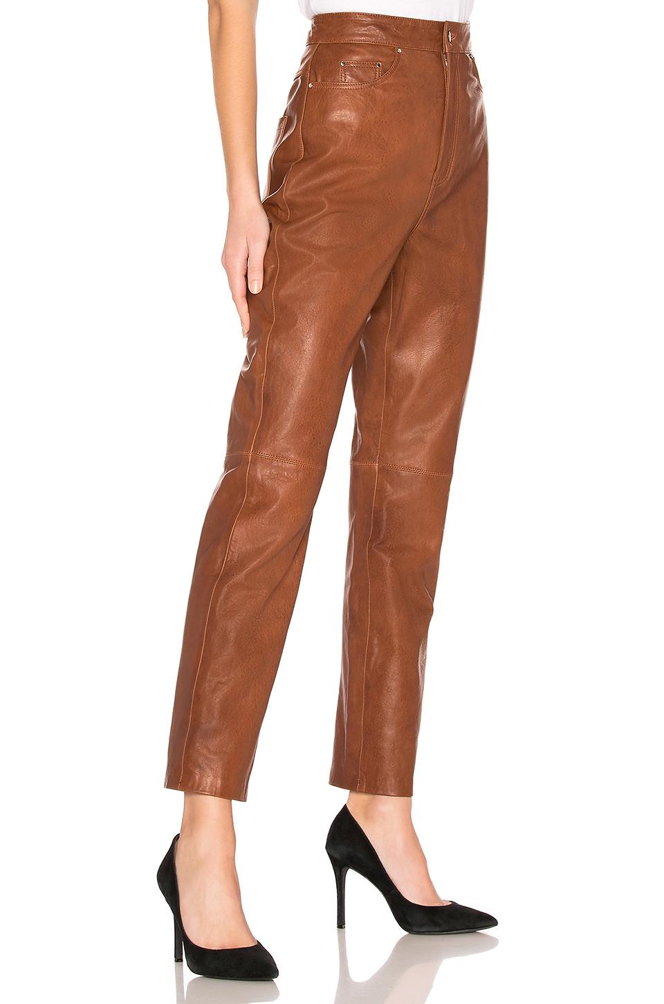 brown leather straight leg trousers