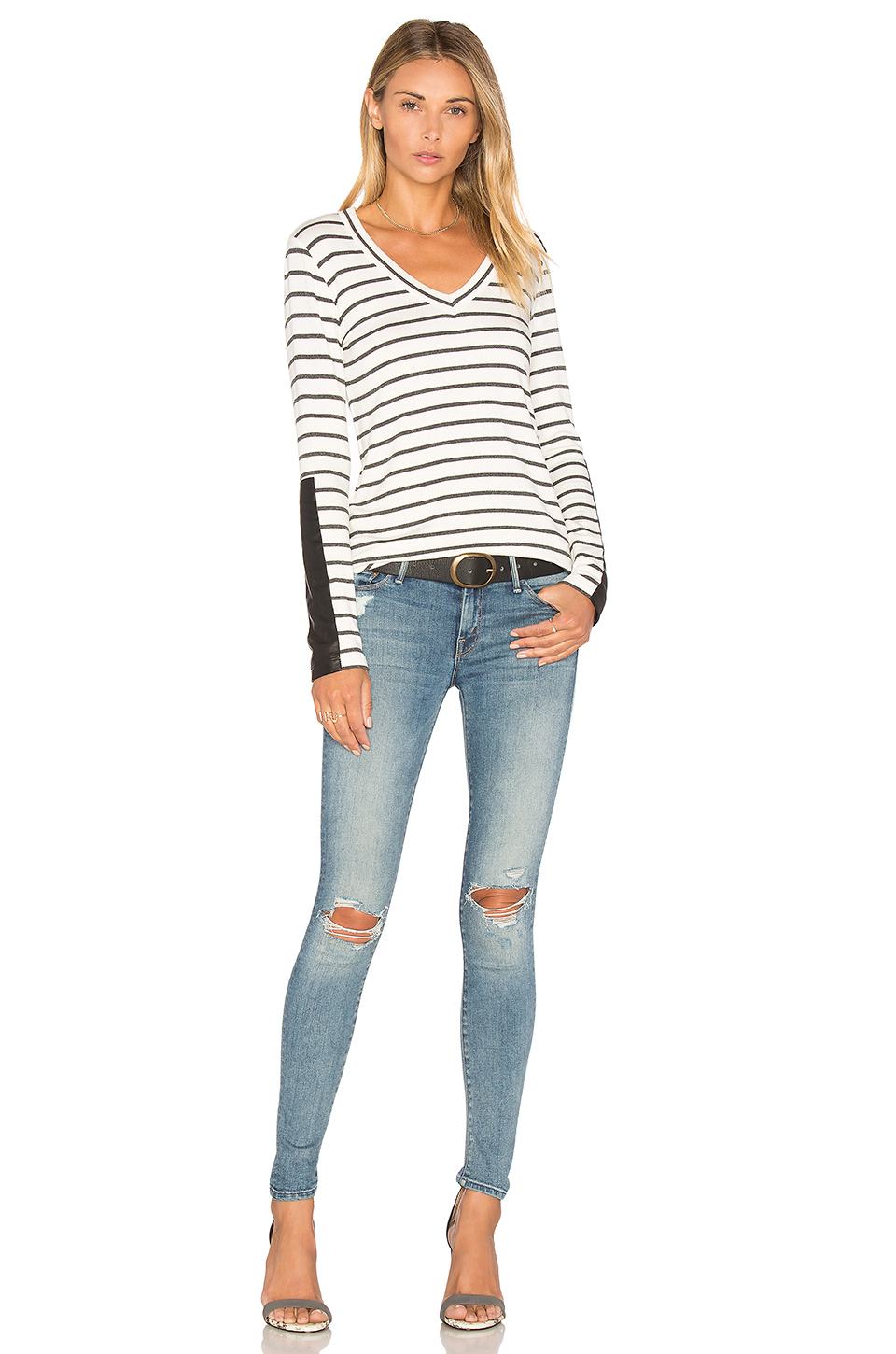 Fifteen Twenty V-neck Leather Cuff Tee - Lyst