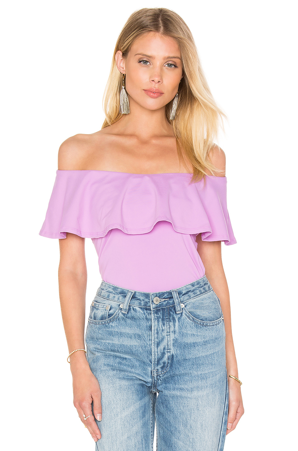 pink ruffle off the shoulder top