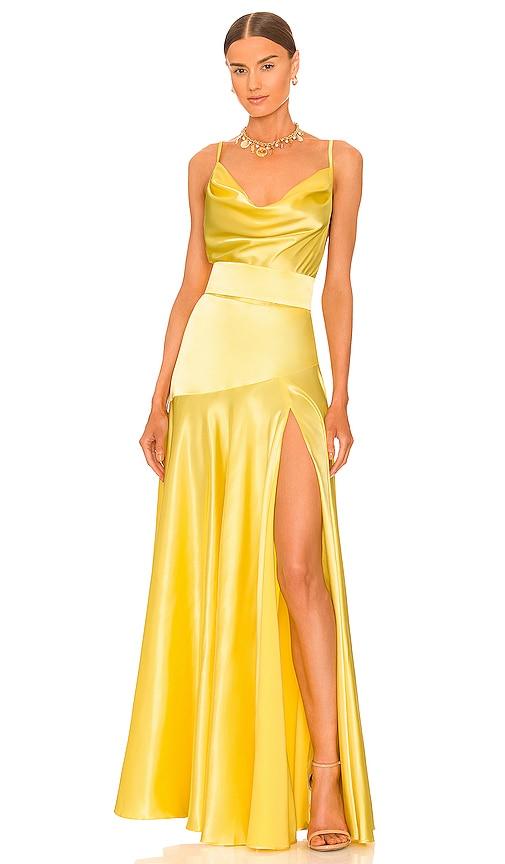revolve yellow satin dress Stunning Yellow Pearl Gown for Wedding Guests
