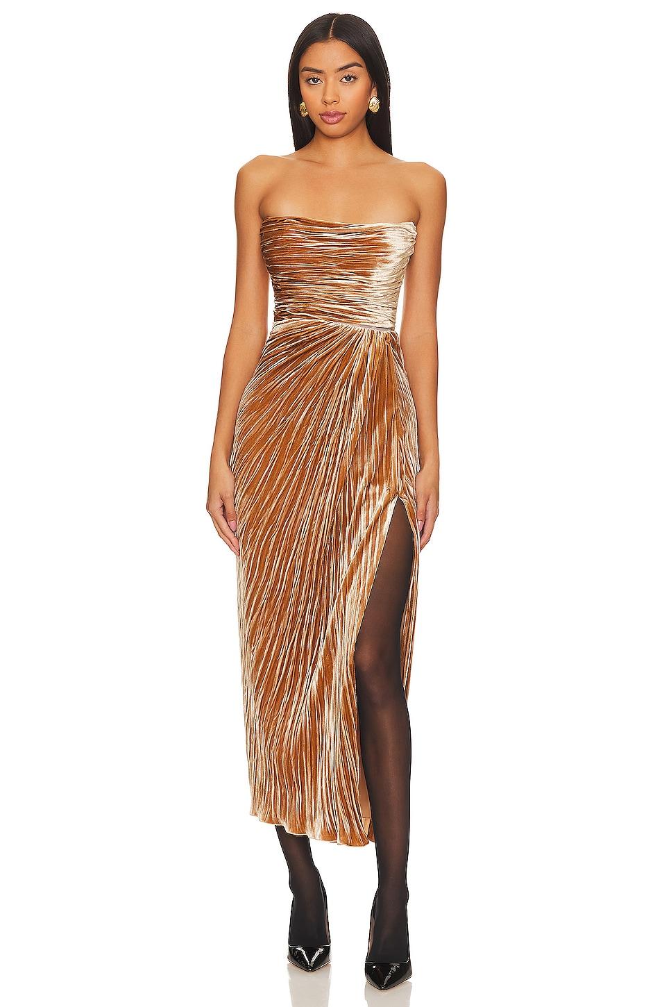 Siona Metallic Plisse Thigh-Slit Draped Midi Dress
