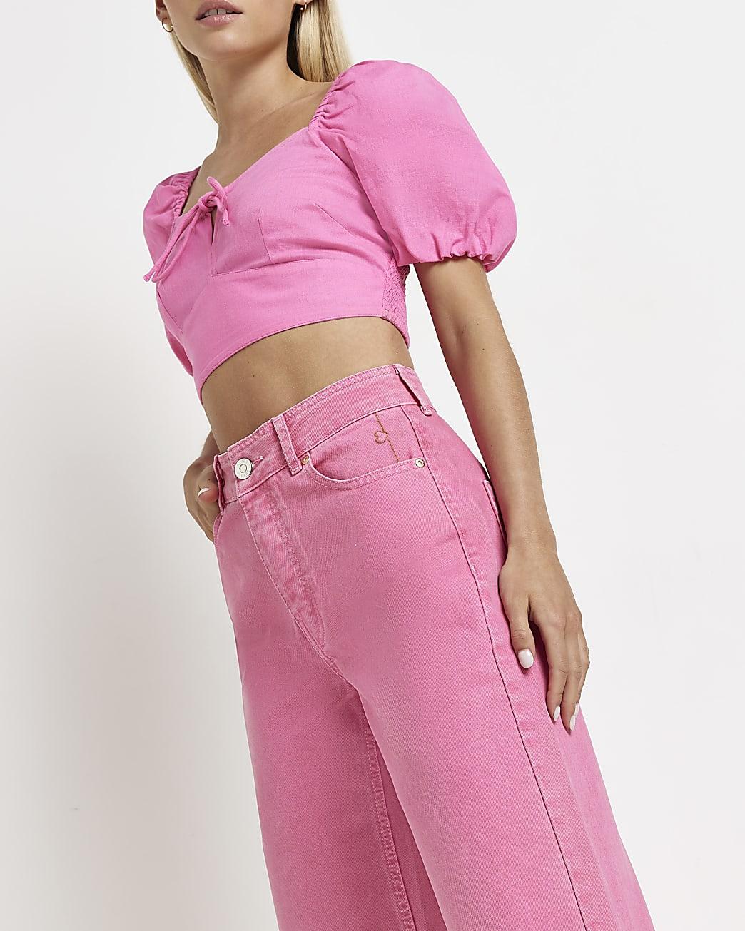 Denim Petite Pink Mid Rise Flared Jeans 