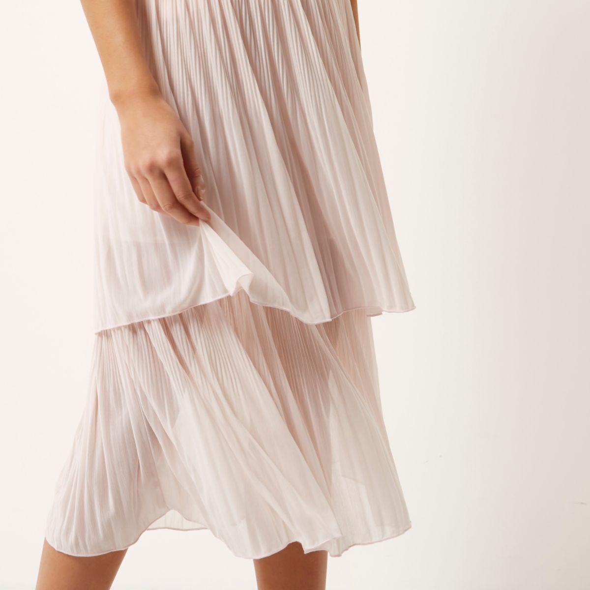 River Island Synthetic Light Pink Layered Pleated Midi Skirt - Lyst