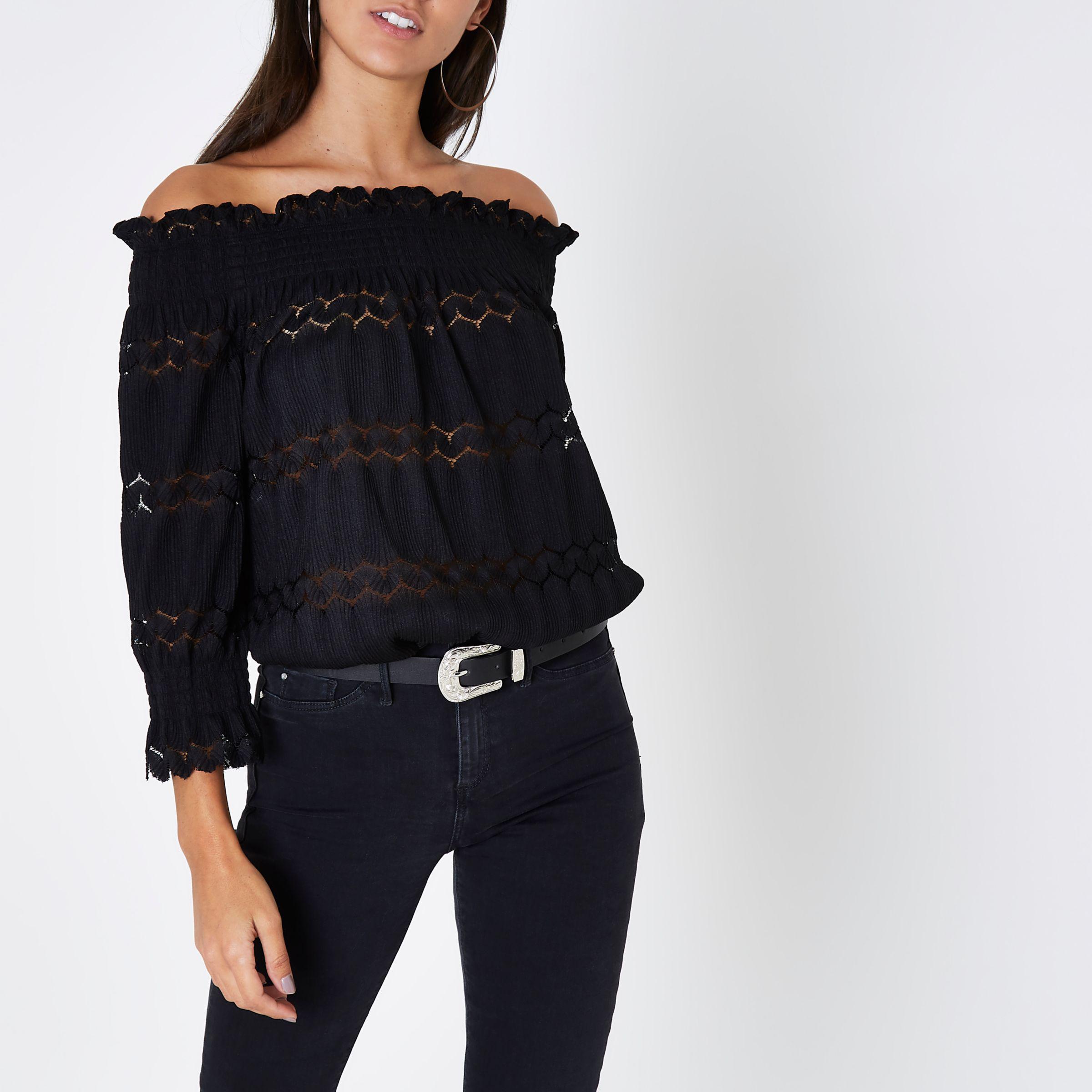 black shirred bardot top