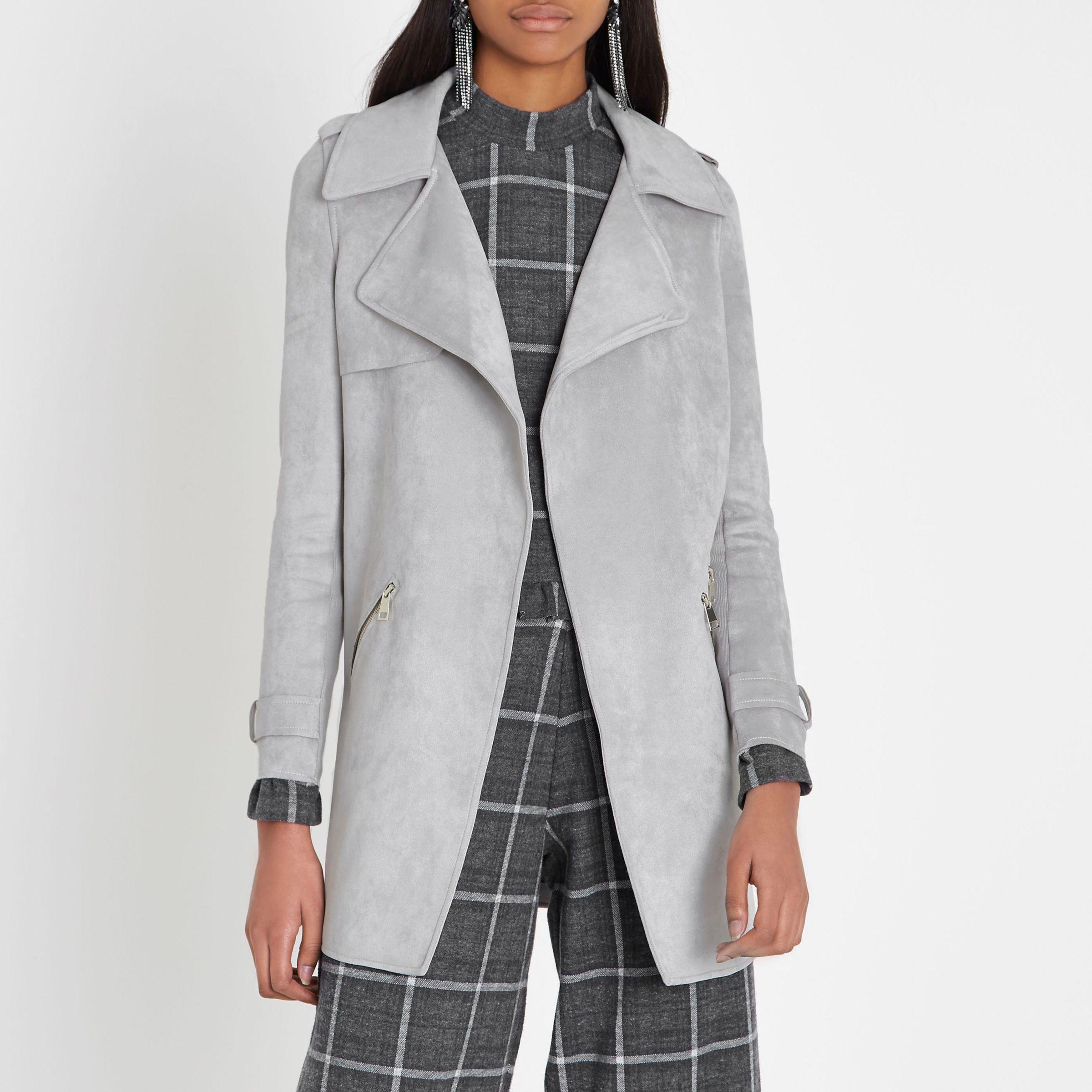 Grey Faux Suede Longline Trench Coat 