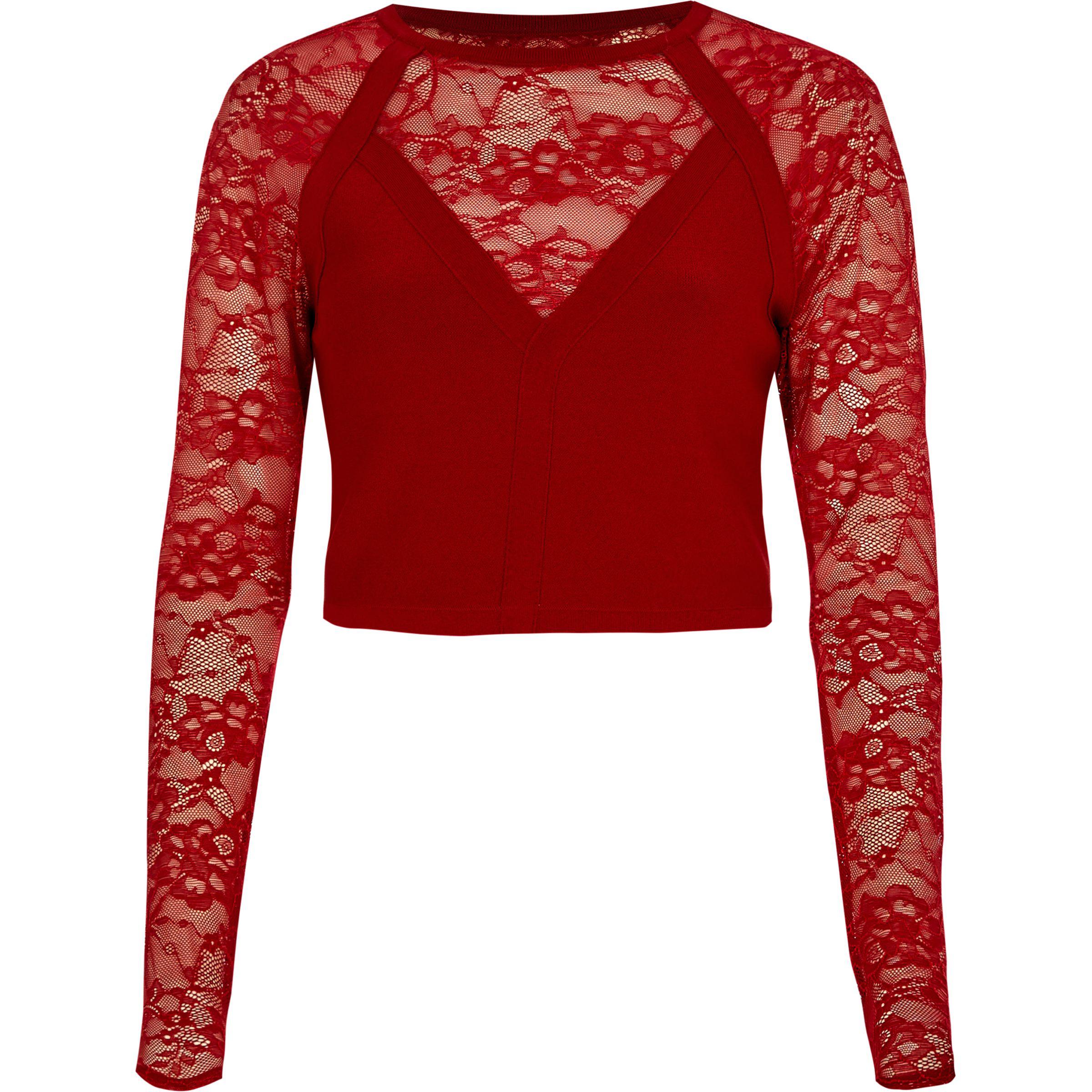 River Island Lace Long Sleeve Crop Top in Red | Lyst