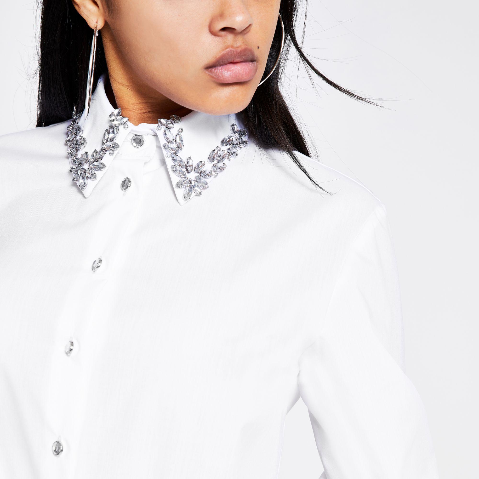 White Diamante Collar Long Sleeve Shirt 