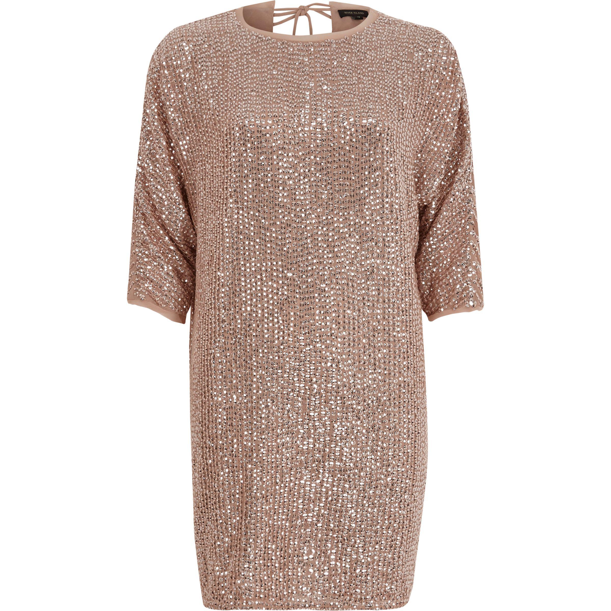 river island sequin embellished shift dress with collar in pink