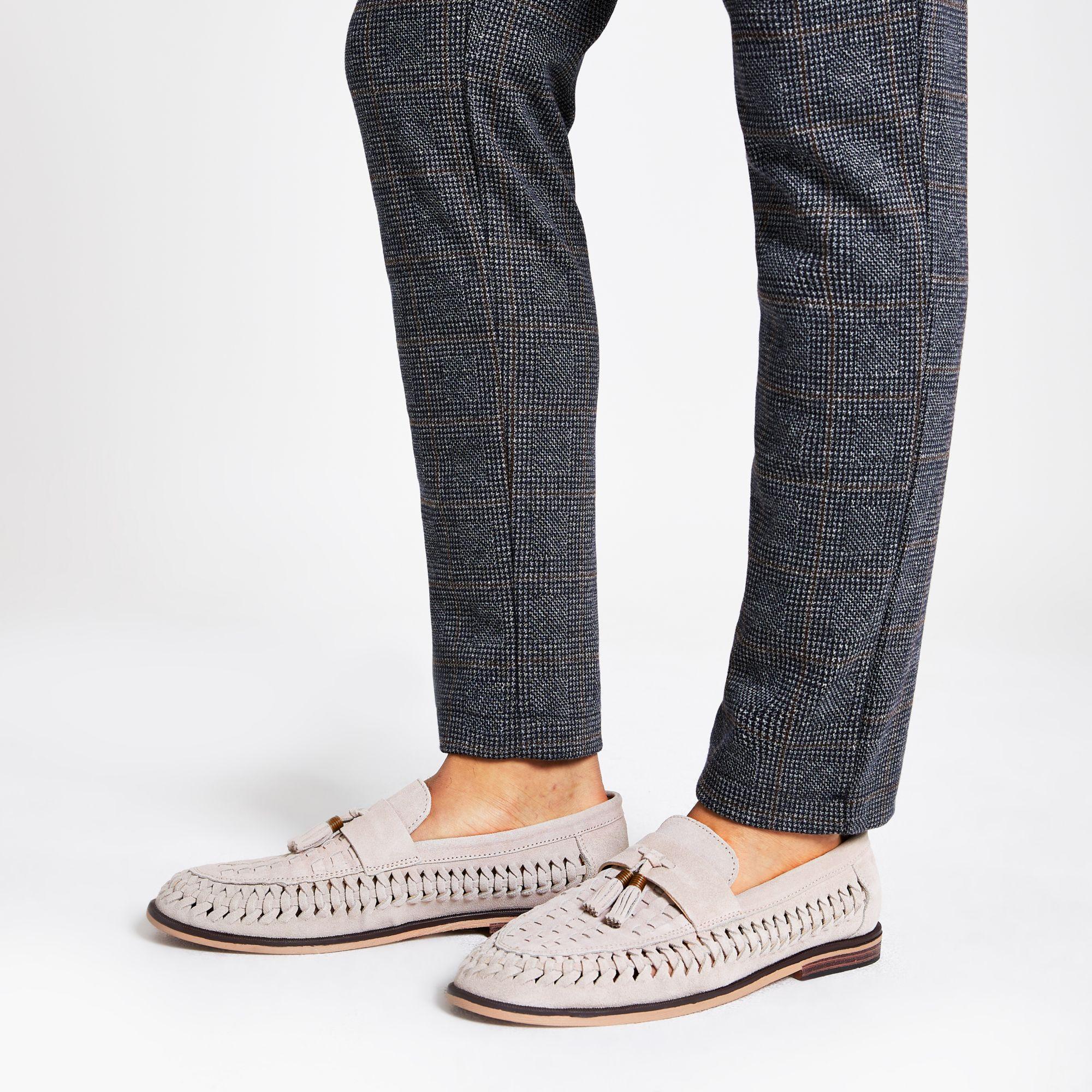 grey loafers with tassels