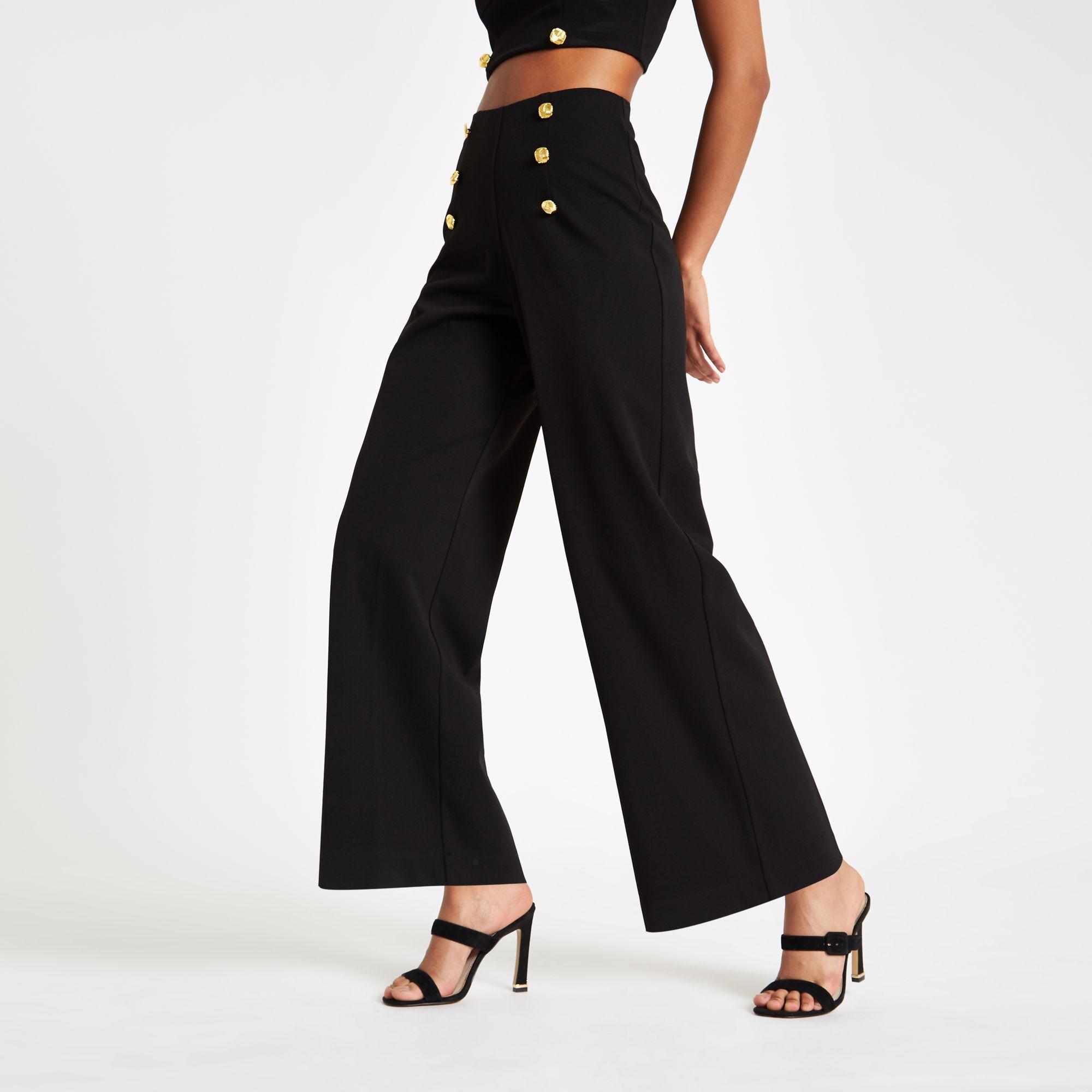 River Island Gold Tone Button Wide Leg Trousers in Black | Lyst UK