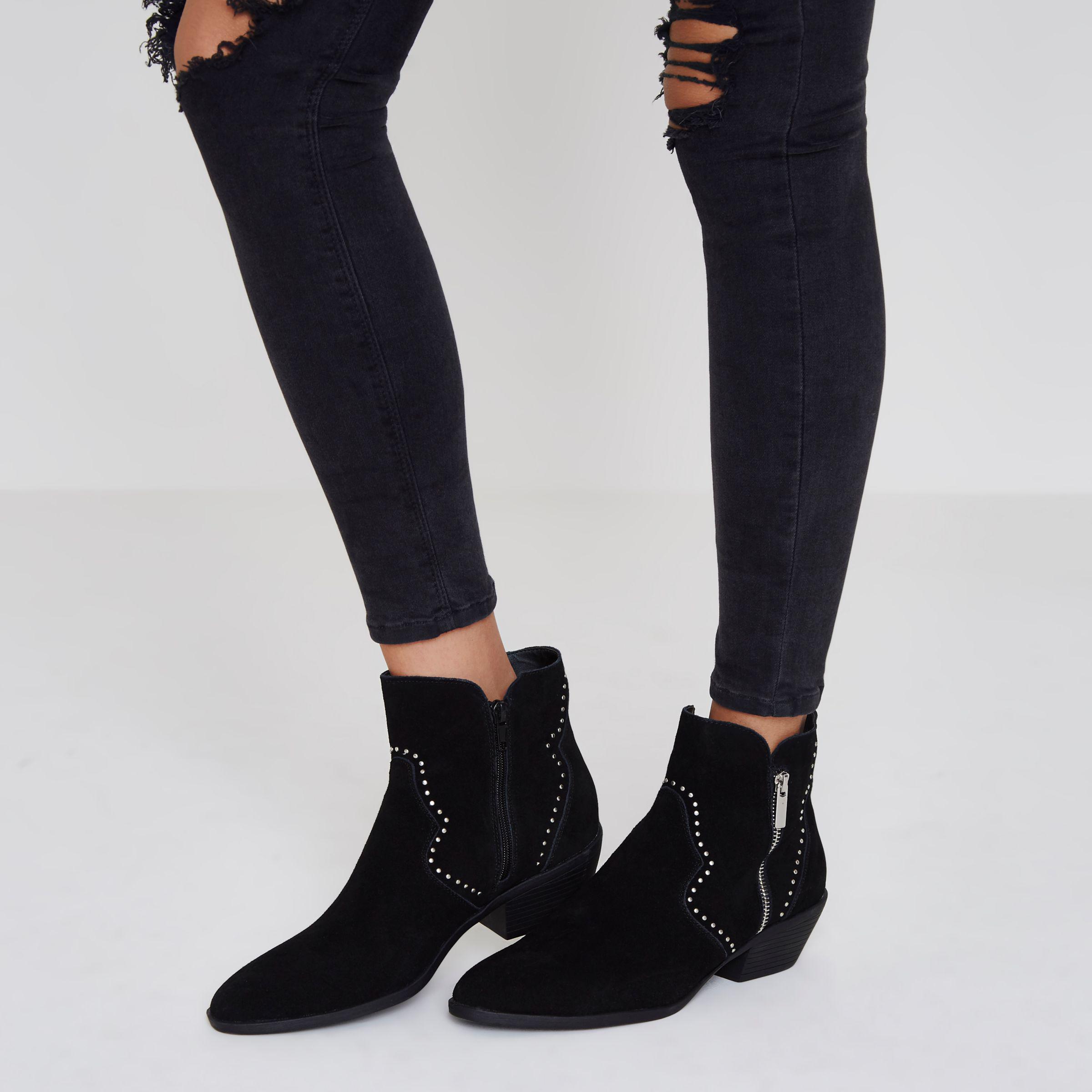 River Island Black Studded Western Suede Ankle Boots - Lyst