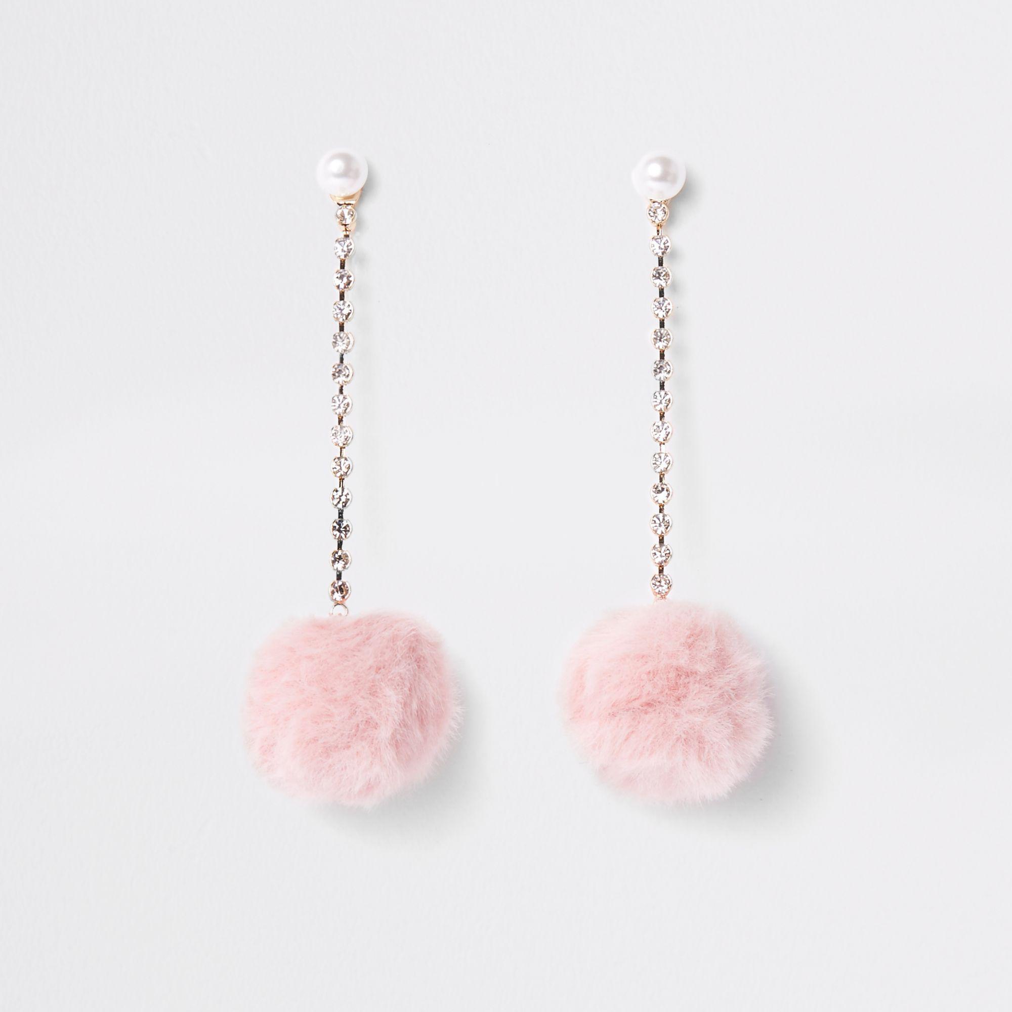 River Island Synthetic Pearl Pom Pom Drop Earrings in Pink - Lyst