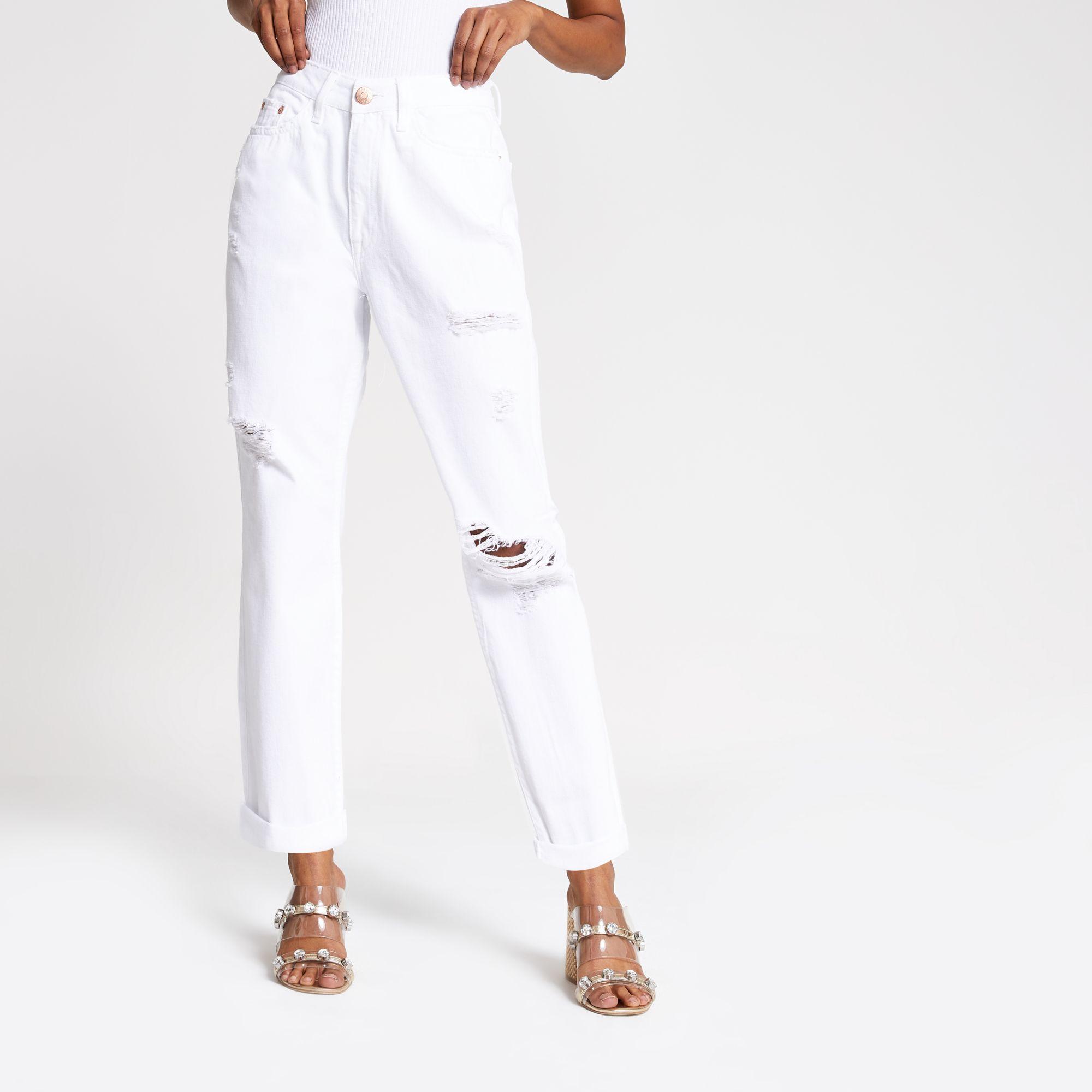 River Island Denim Petite White Mom High Rise Ripped Jeans - Lyst