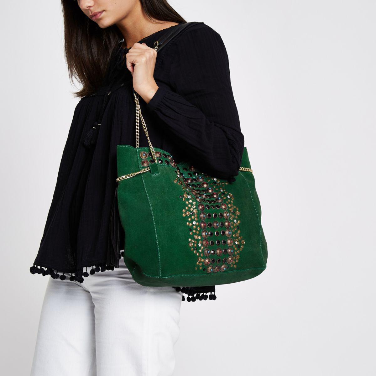 green suede tote
