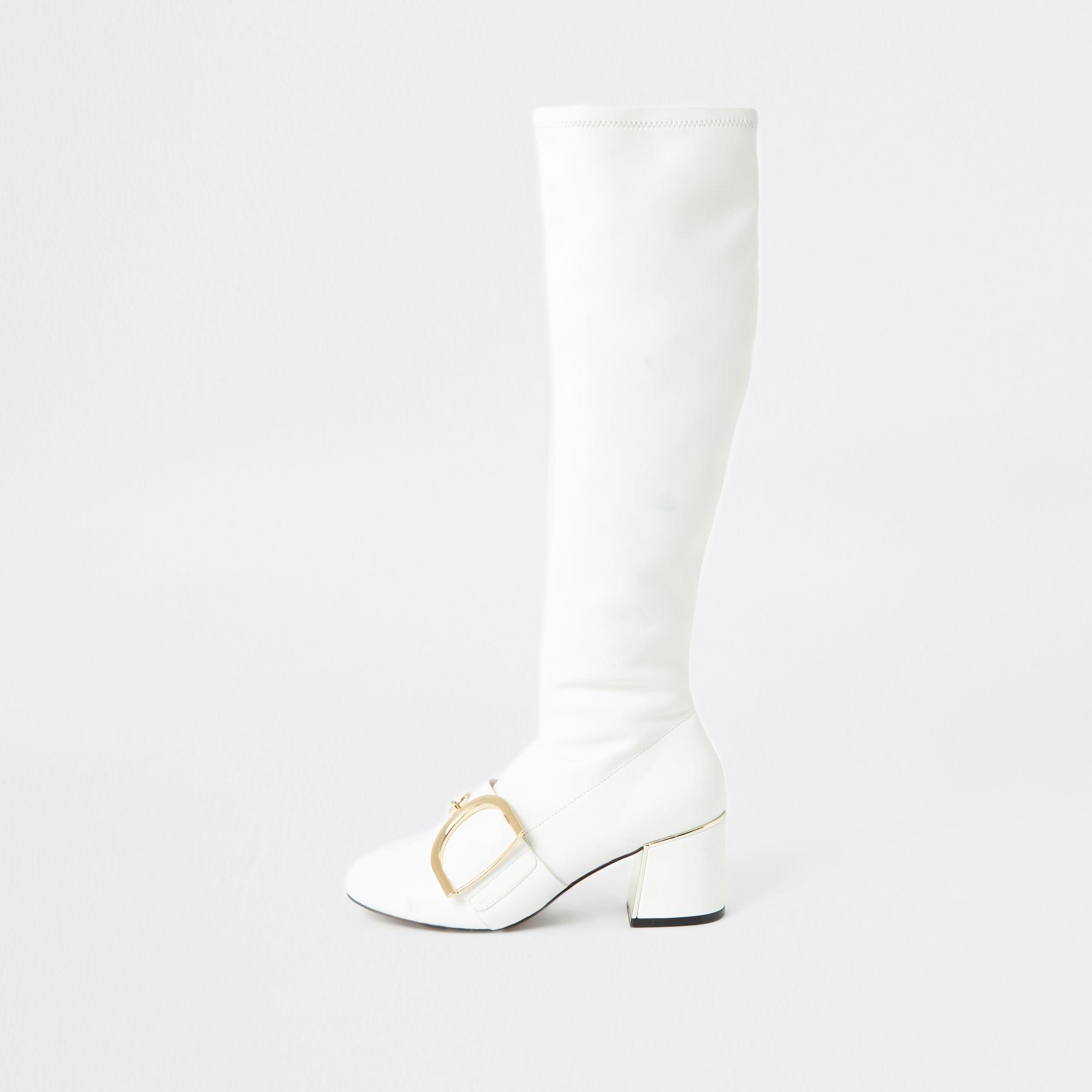 River Island Buckle Strap Knee Length Boots in White | Lyst