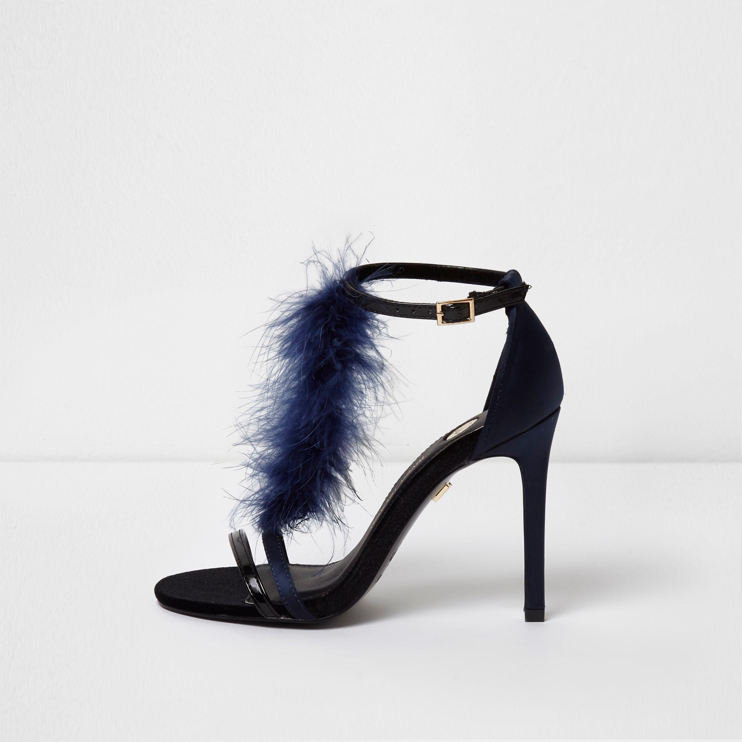 River Island Navy Feather T-bar Strappy Sandals in Blue | Lyst