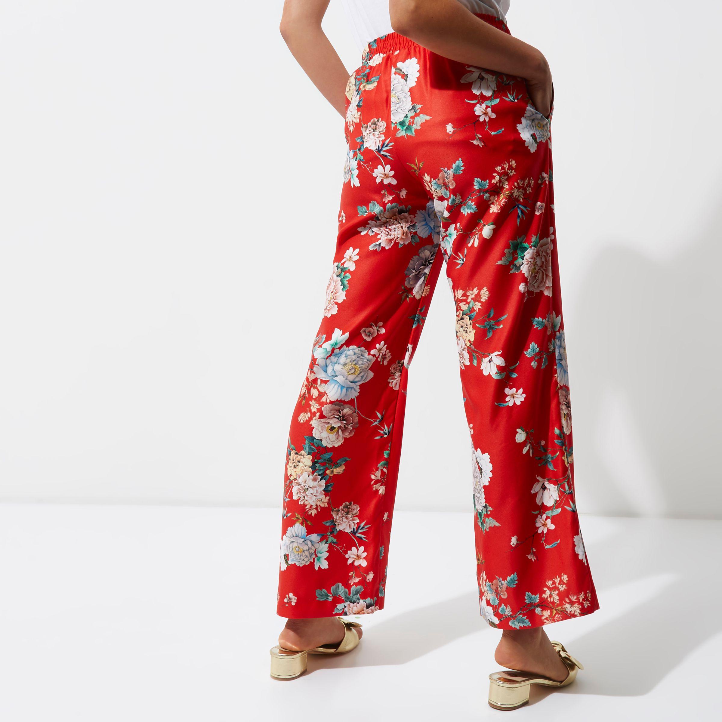 River Island Red Floral Wide Leg High Waisted Trousers | Lyst