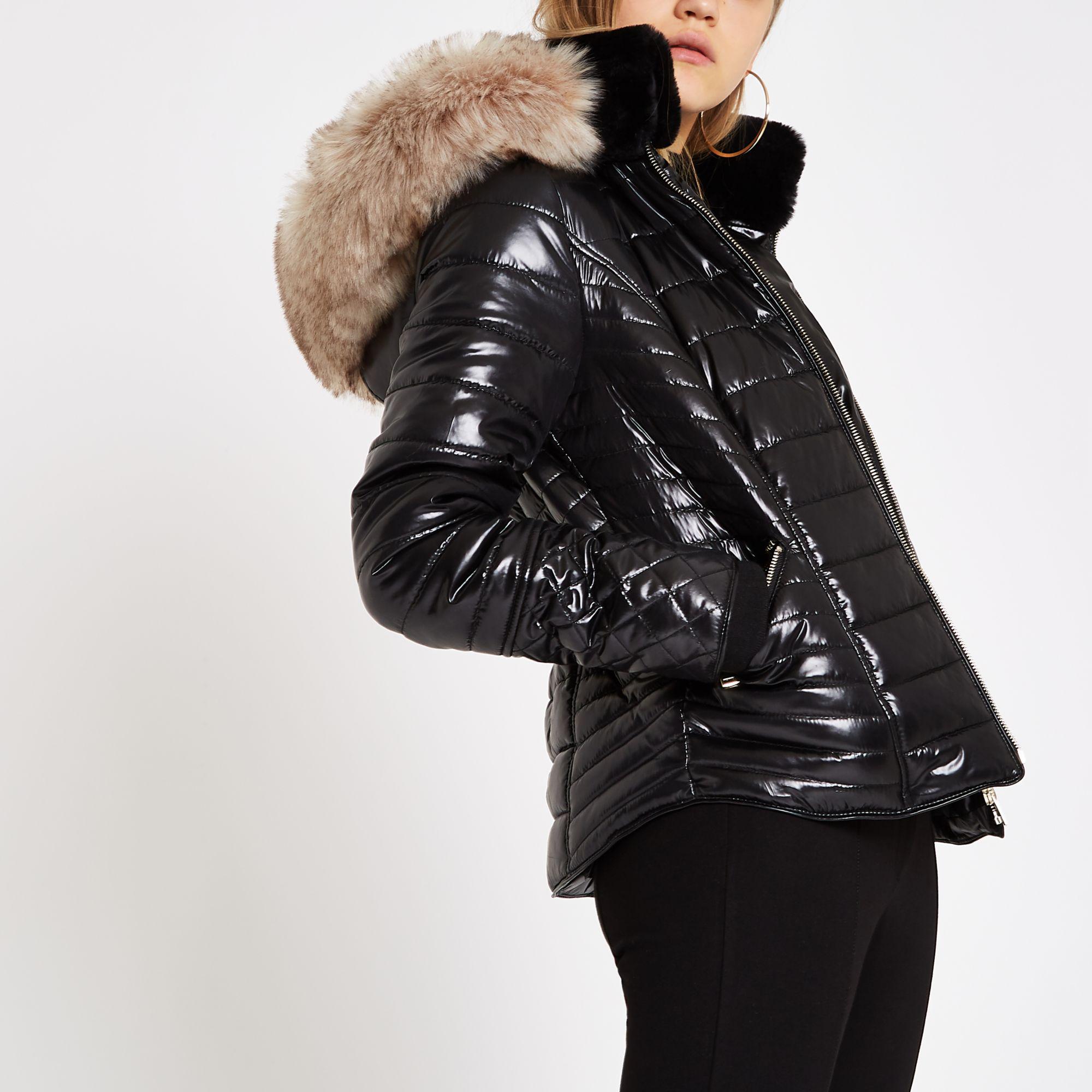 black faux fur puffer jacket