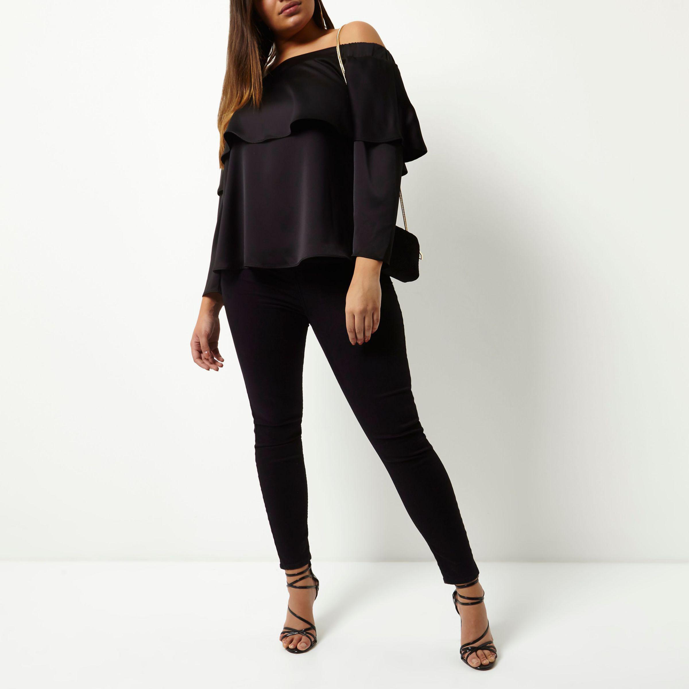 black frill bardot top