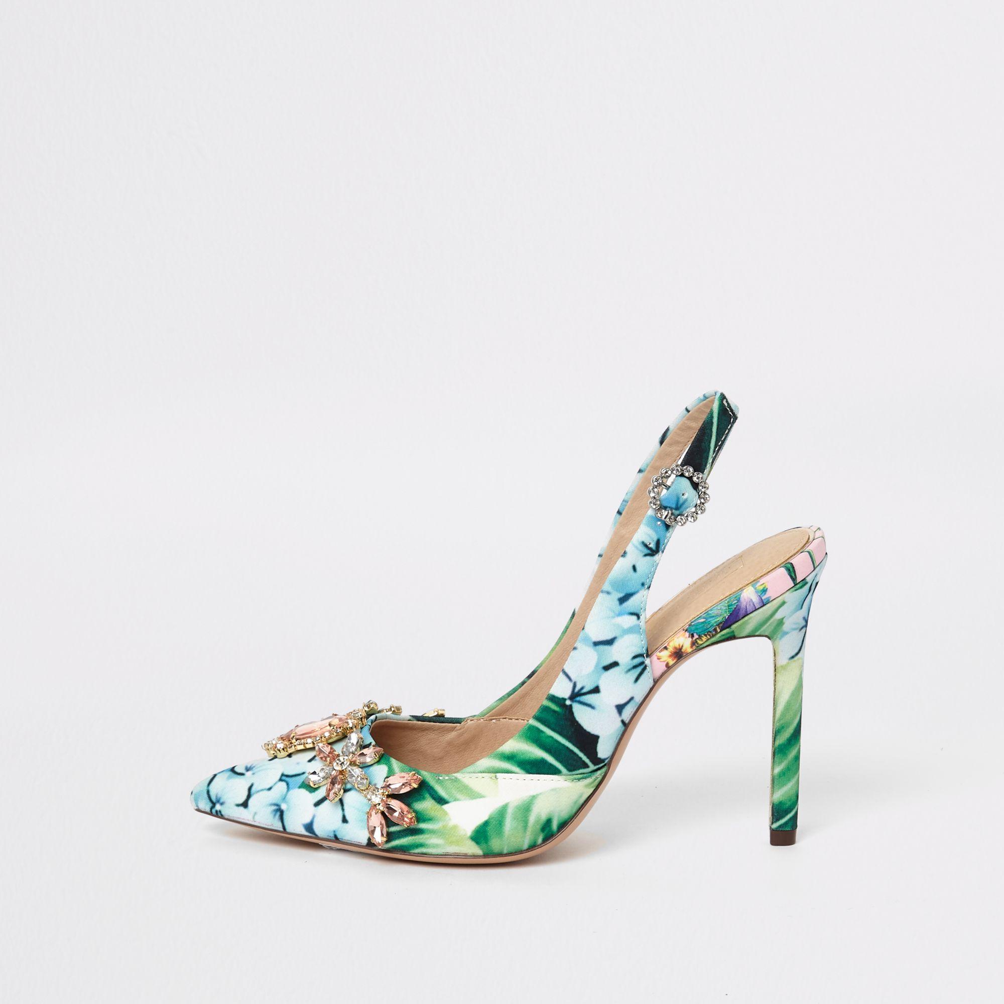 River Island Green Wide Fit Floral Slingback Court Shoes | Lyst