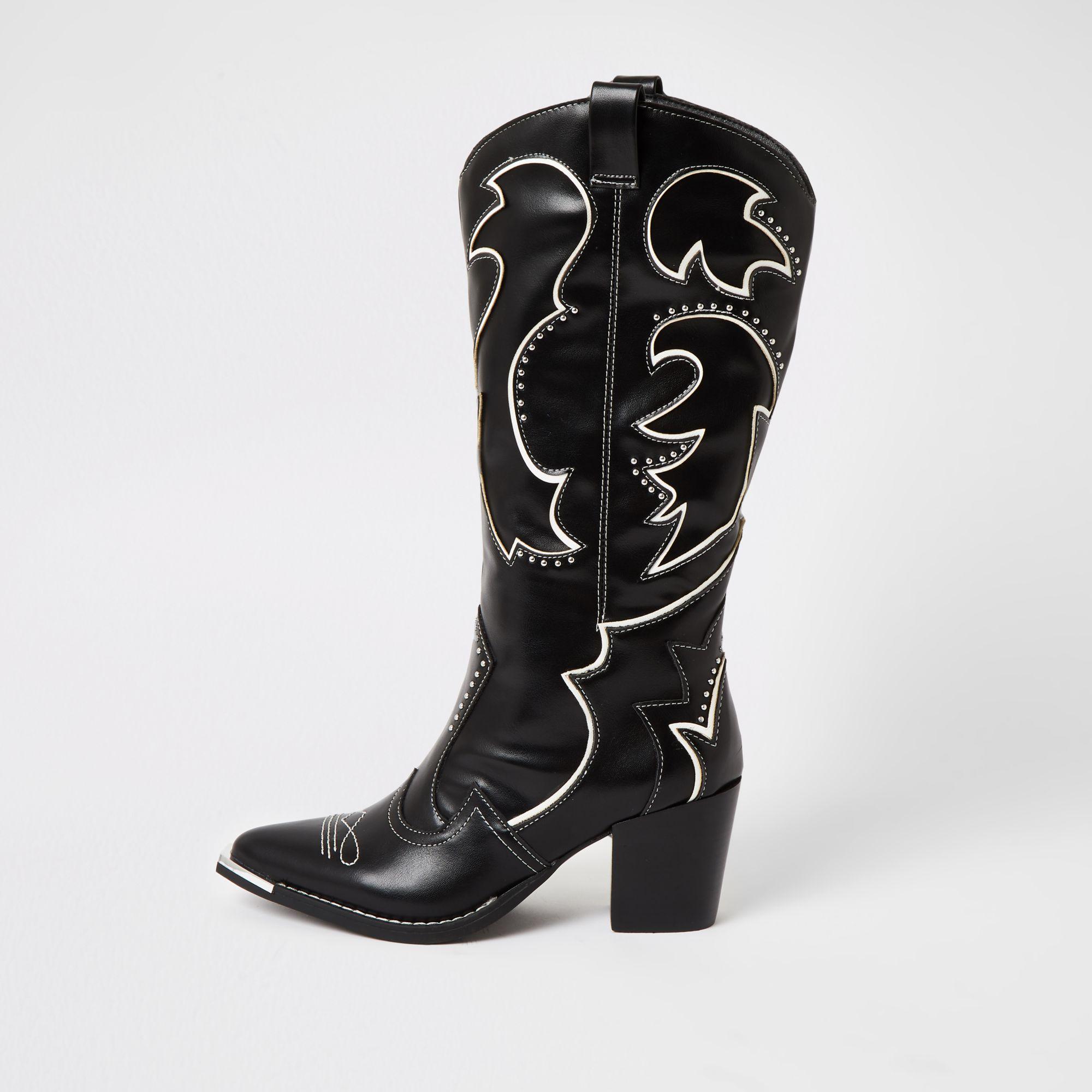 River Island Black High Leg Heel Cowboy Boots | Lyst