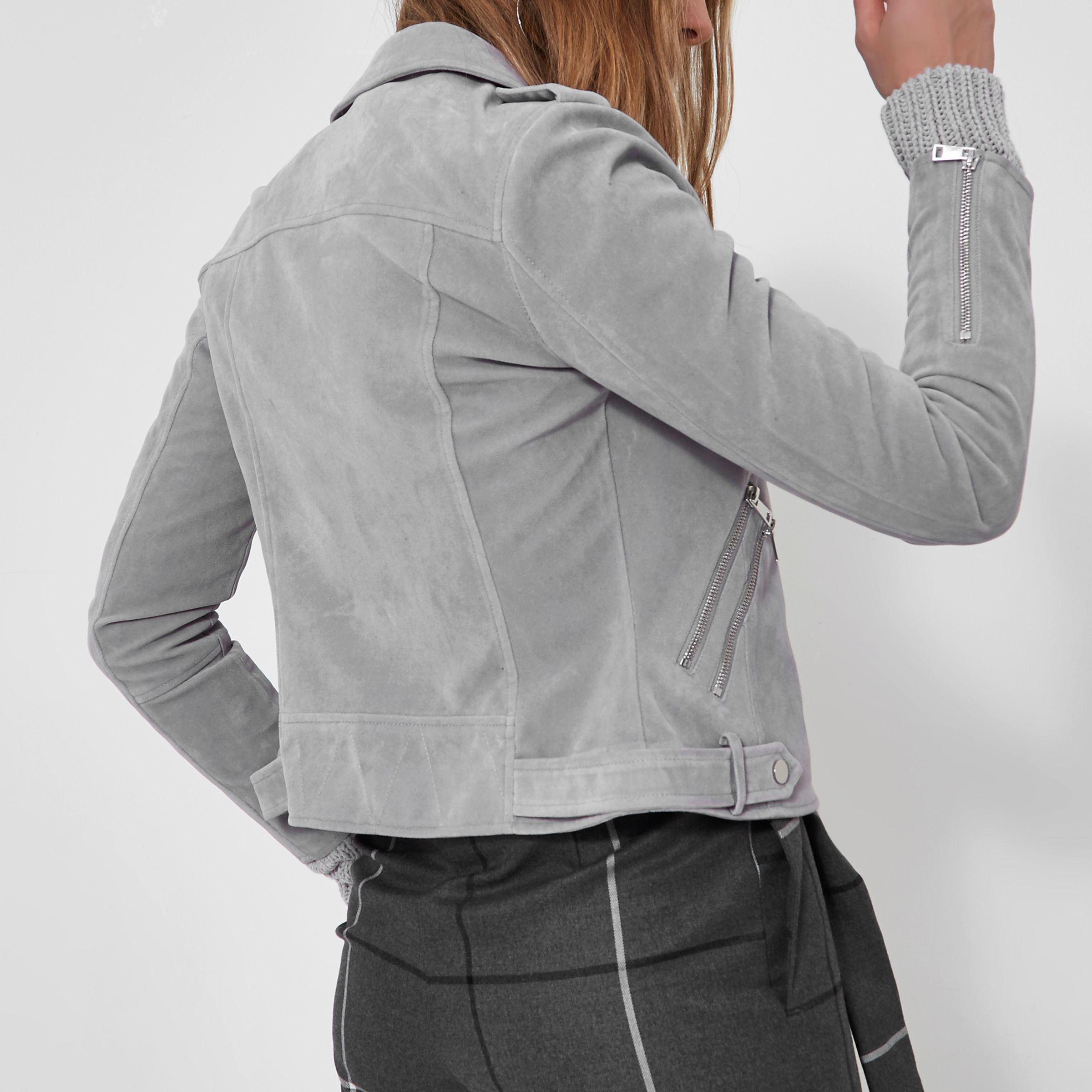 River Island Light Grey Faux Suede Biker Jacket in Grey | Lyst UK