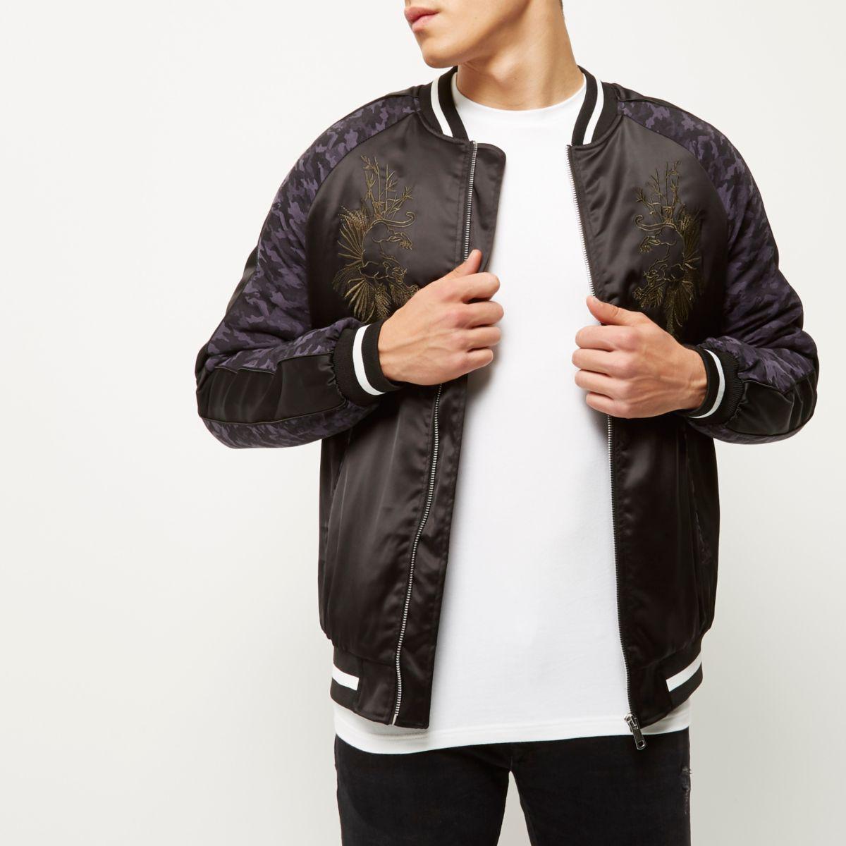 River Island Black Embroidered Satin Bomber Jacket for Men Lyst