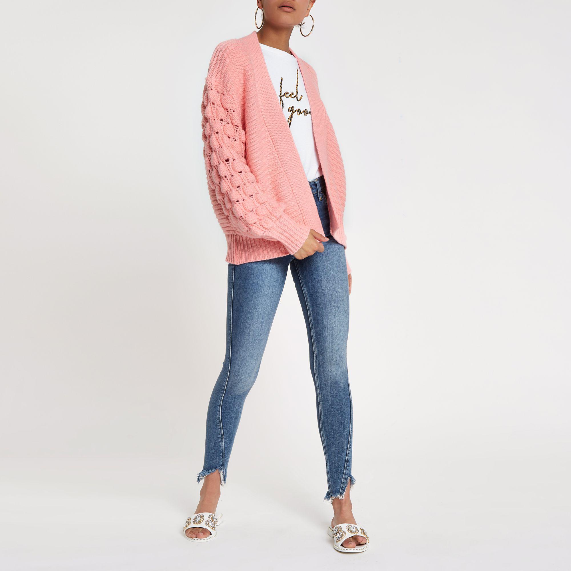 River Island Synthetic Light Pink Bobble Knit Cardigan - Lyst