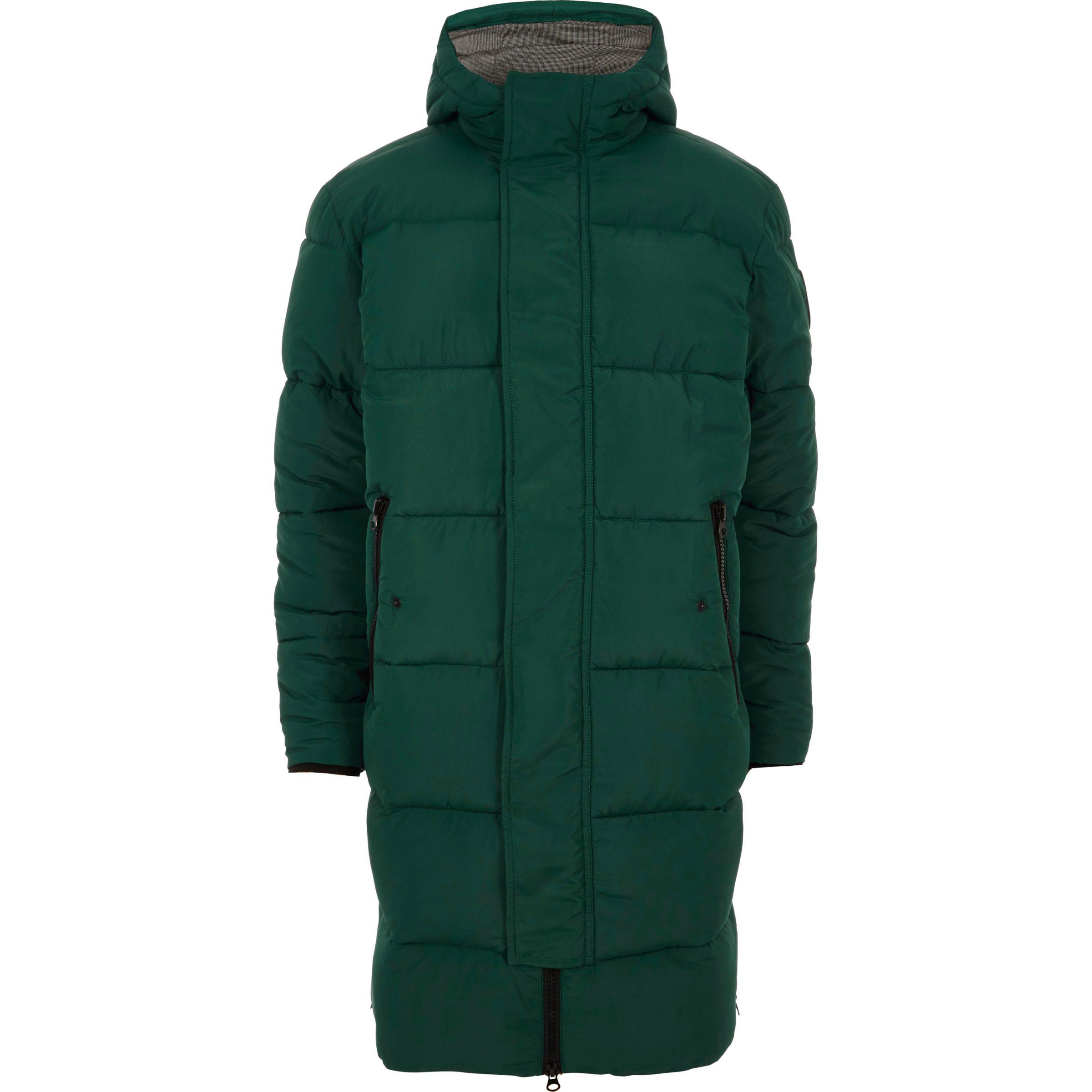 River Island Synthetic Dark Green Longline Hooded Puffer Coat for Men