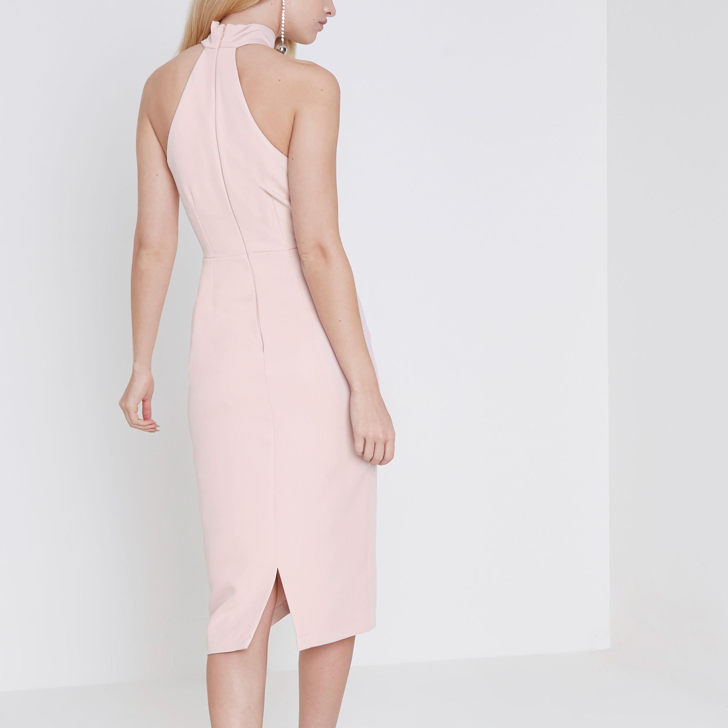 River Island Synthetic Pink High Neck Wrap Front Midi Bodycon Dress - Lyst