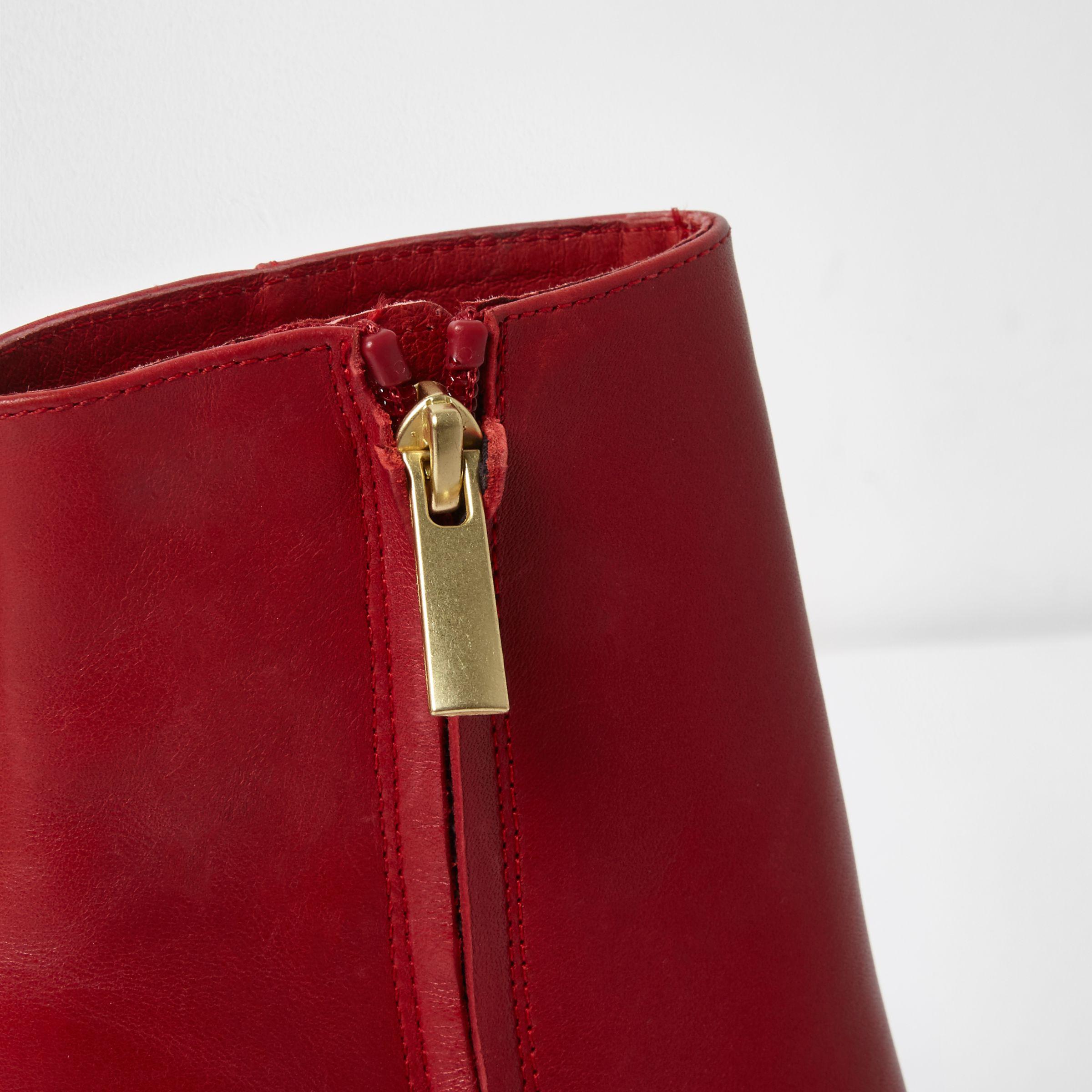 red leather block heel boots